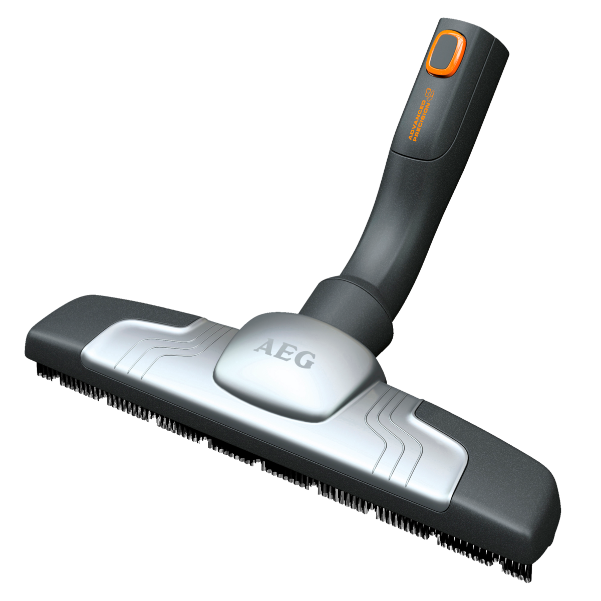 Staubsaugerkopf mit silberner Front, schwarzem Gehäuse und dem 'AEG'-Logo.