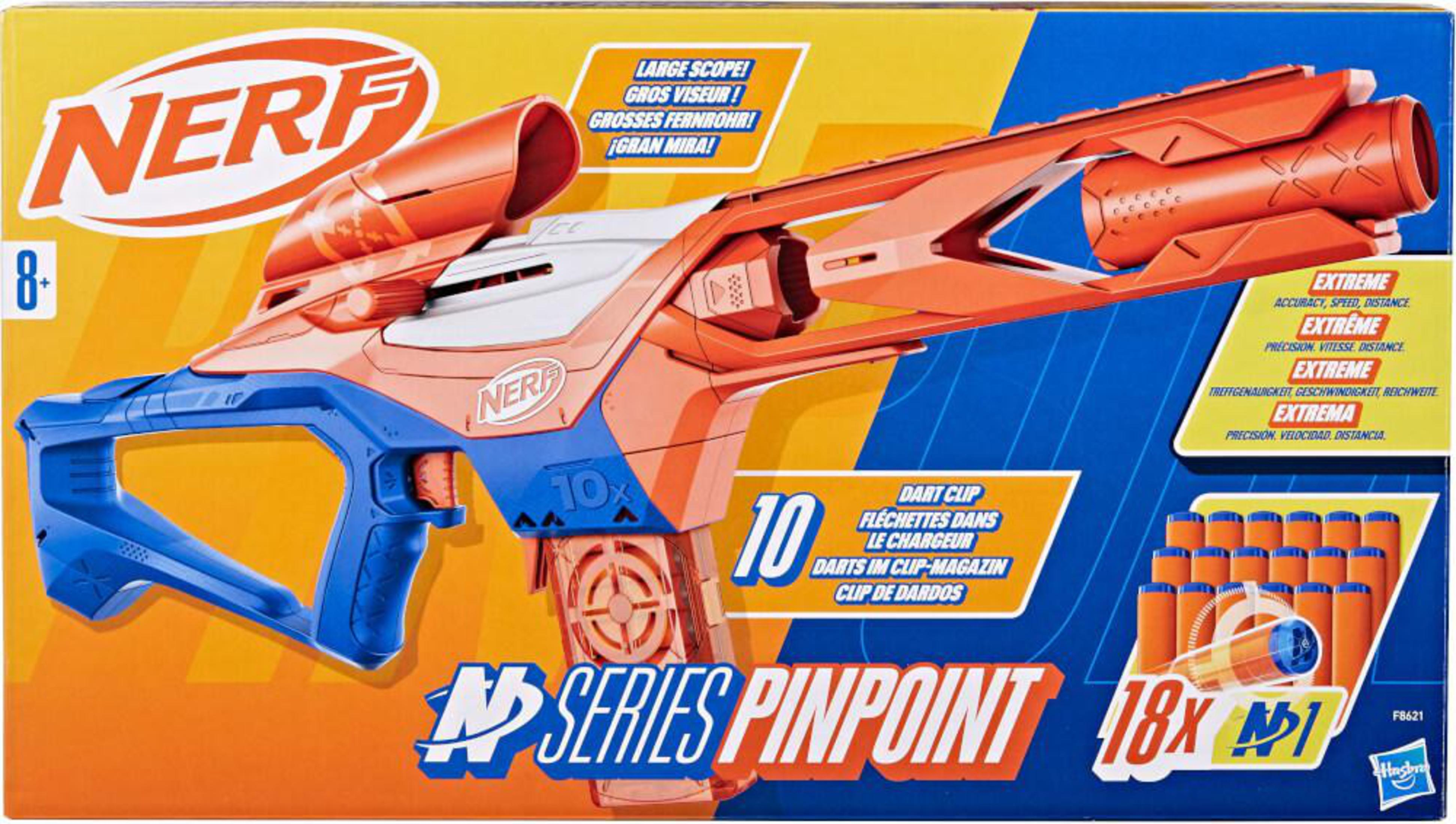 Pudełko z pistoletem Nerf. Pomarańczowo-niebieski pistolet zabawkowy z strzałkami i instrukcjami. Pudełko niebieskie.