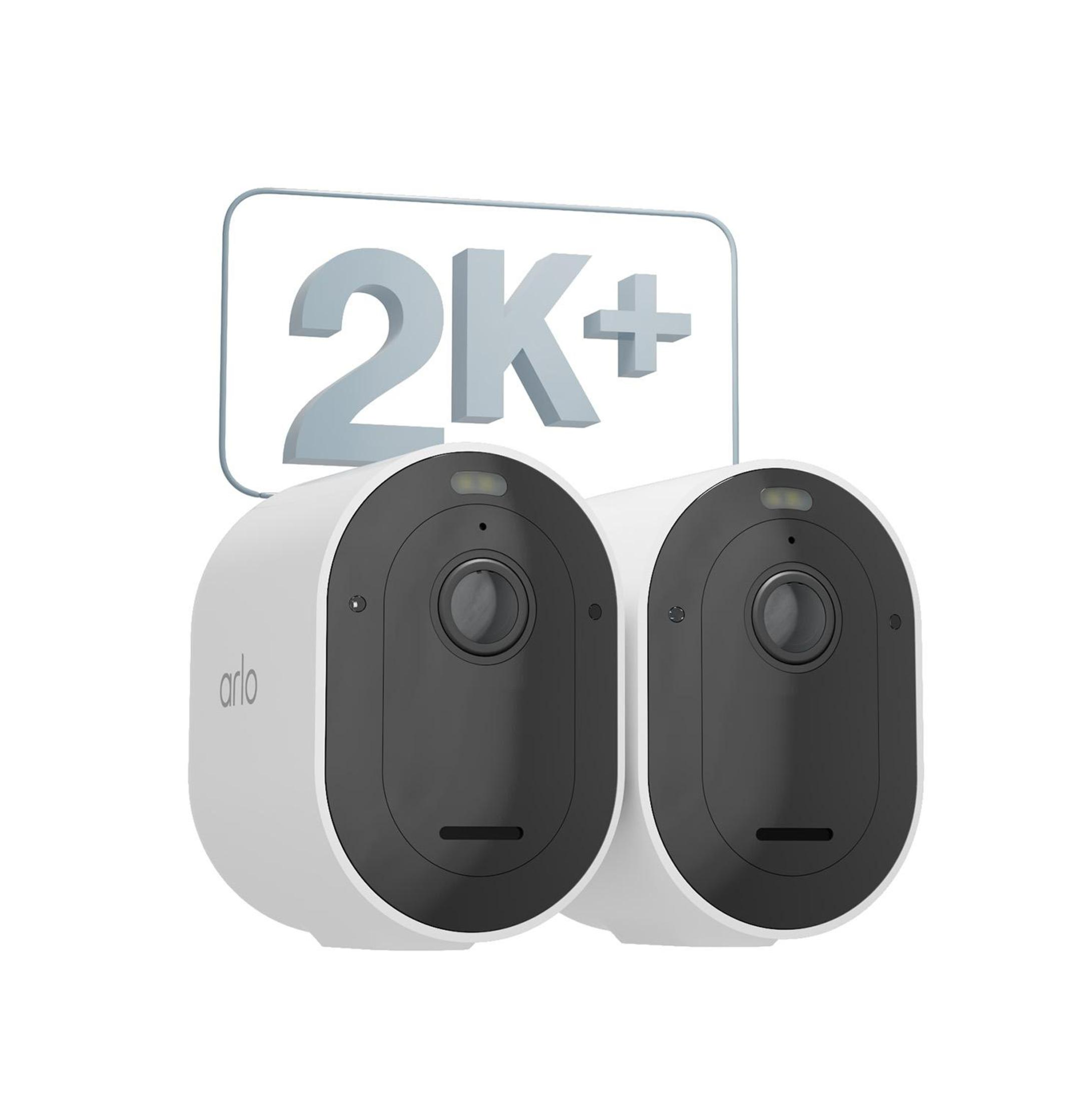 Dwie białe kamery bezpieczeństwa Arlo ze znakiem '2K+' u góry.