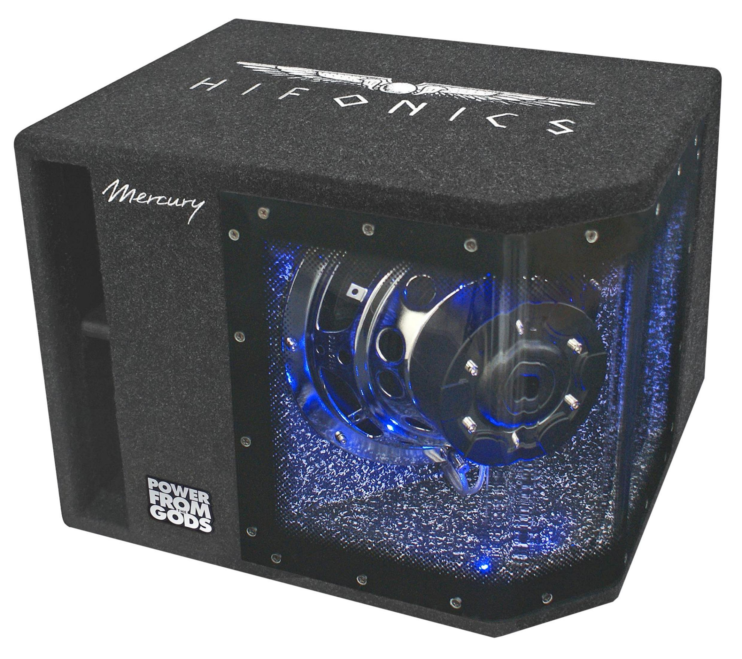 Ein schwarzer Subwoofer mit Fenster, Lautsprecher und blauen Lichtern, beschriftet mit 'HIFONICS' und 'Mercury'.