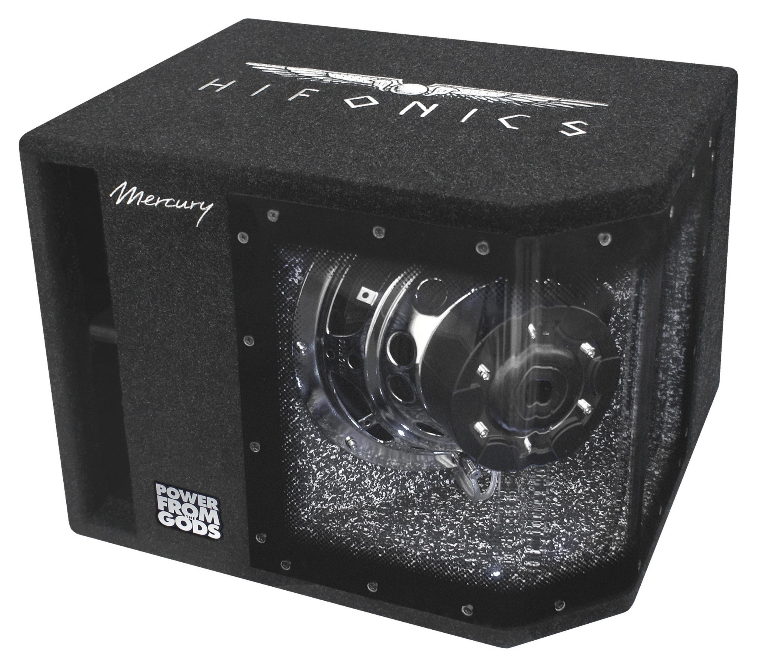 Schwarze Subwoofer-Box mit transparentem Frontpanel. Silbernes Innenleben. Schwarzer Hintergrund.