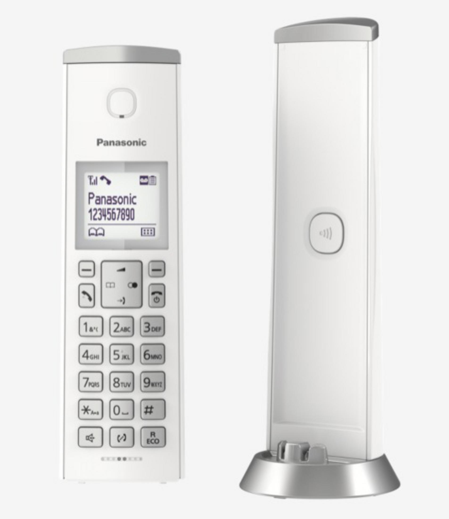 Telefono cordless bianco con schermo e tastierino numerico. Base argentata. Un altro telefono su sfondo bianco.