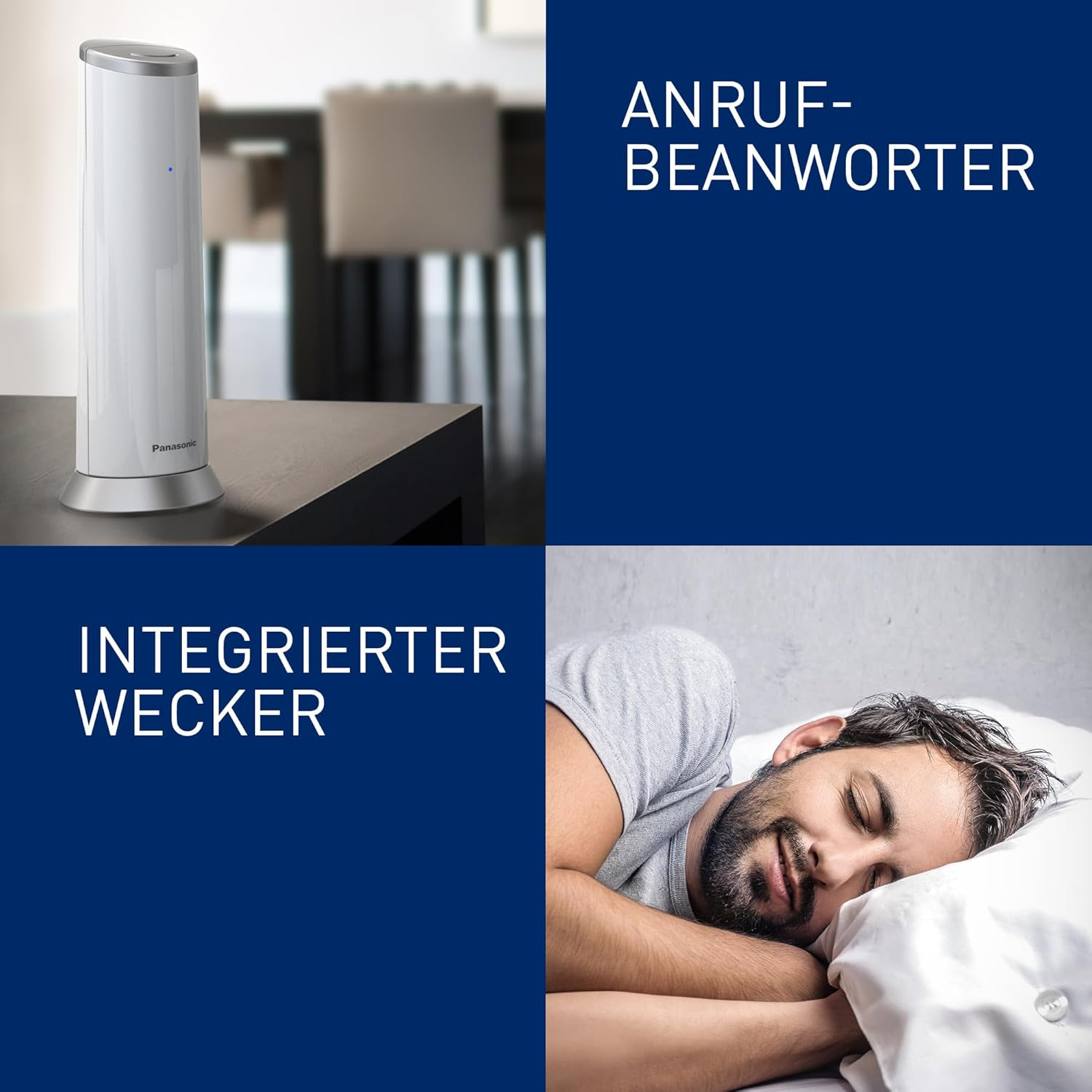 Immagine divisa: segreteria telefonica e uomo che dorme; testo in tedesco.
