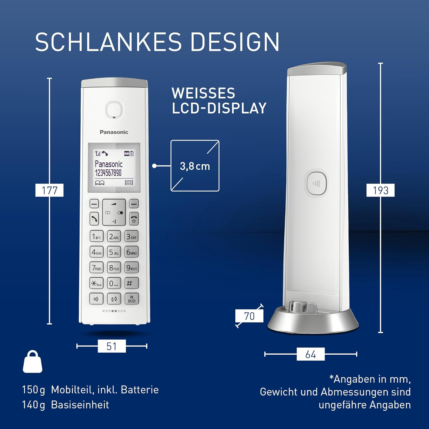Un telefono cordless Panasonic bianco con misure. Testo sul telefono e sulla base.
