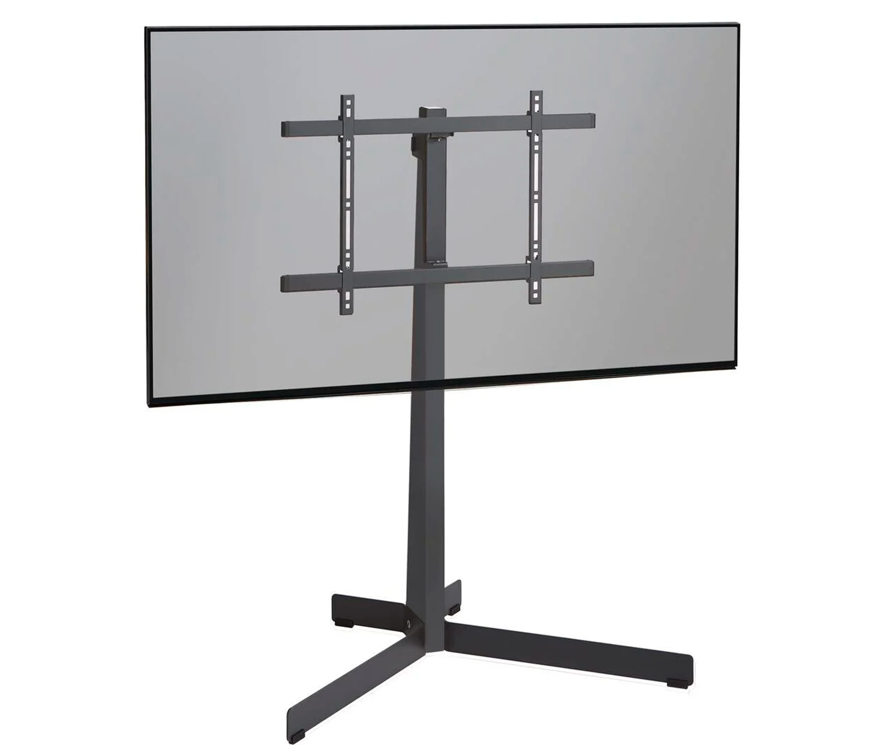 Duży, szary ekran telewizora zamontowany na czarnym metalowym stojaku. Białe tło.