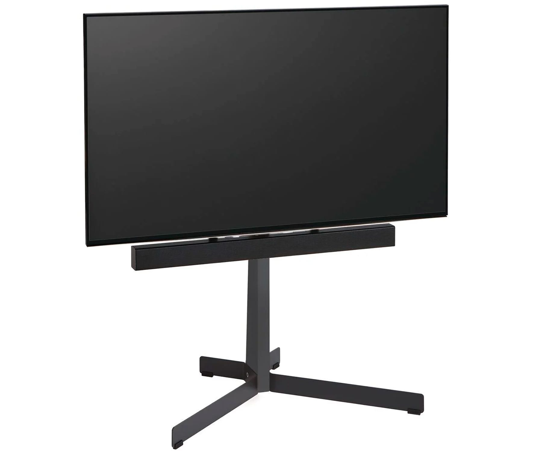 Czarny telewizor na stojaku. Stojak jest czarny i ma podstawę w kształcie krzyża. Telewizor jest wyłączony.