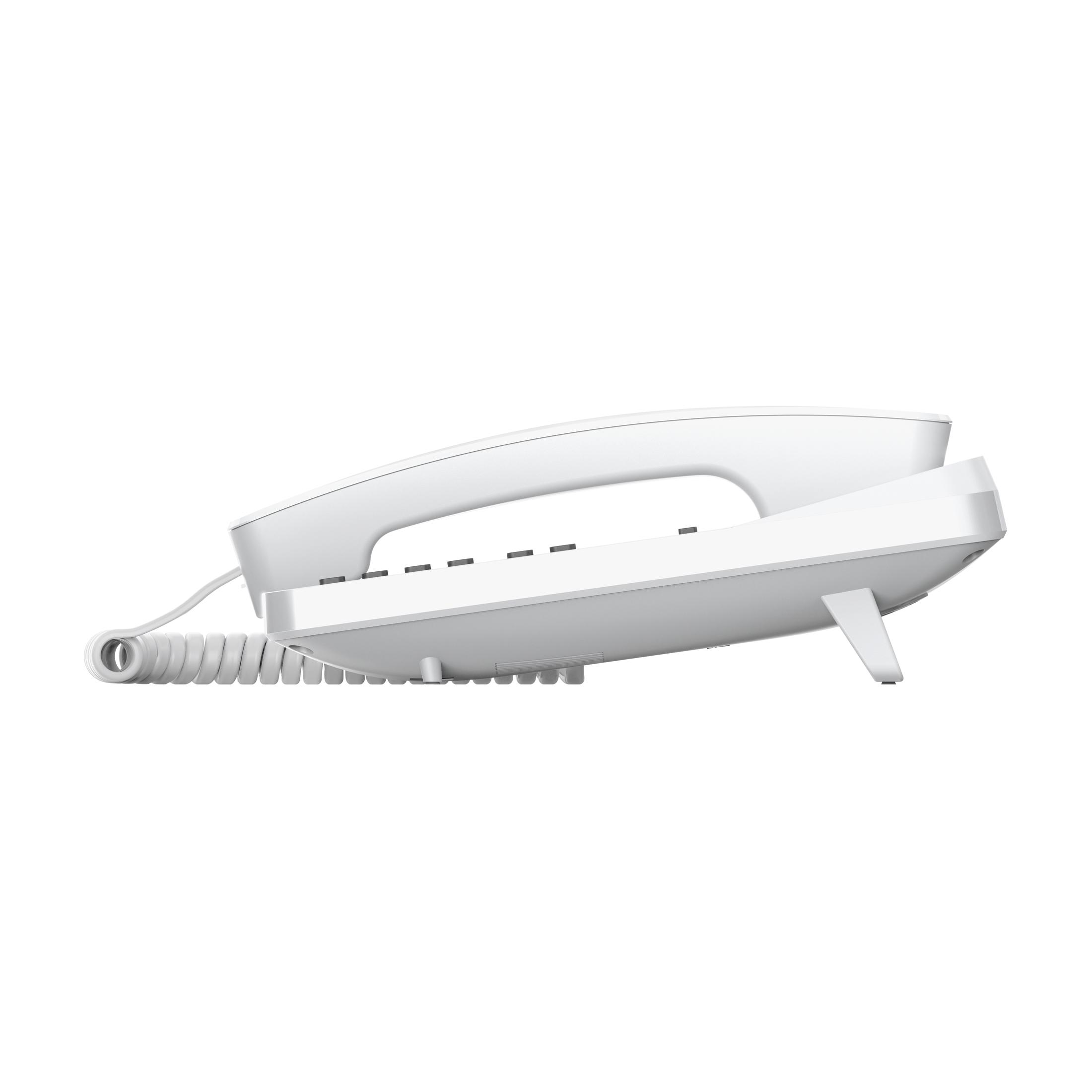 Telefono bianco su sfondo bianco, angolato per mostrare la cornetta e la base. Il cavo è visibile.