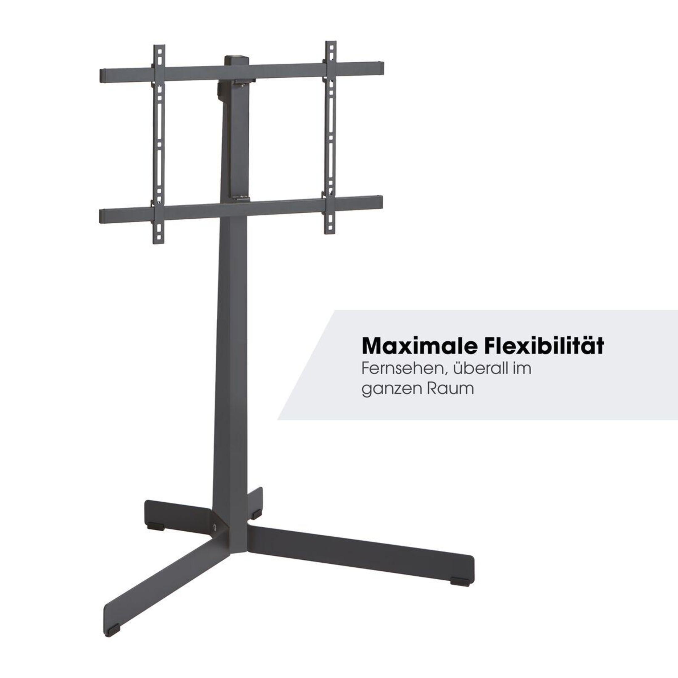 Stojak pod telewizor z tekstem: maksymalna elastyczność. Stojak jest szary.