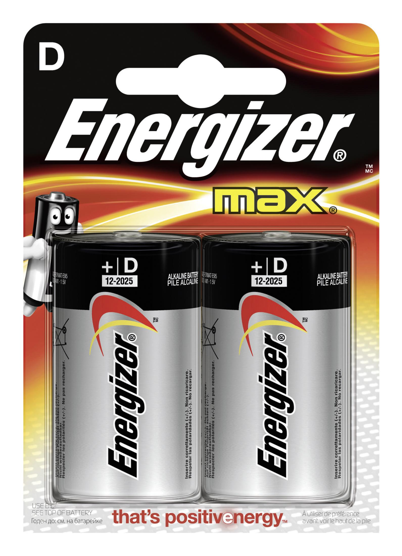 Dwie baterie Energizer Max D w blistrze. Opakowanie ma czerwono-pomarańczowe tło.