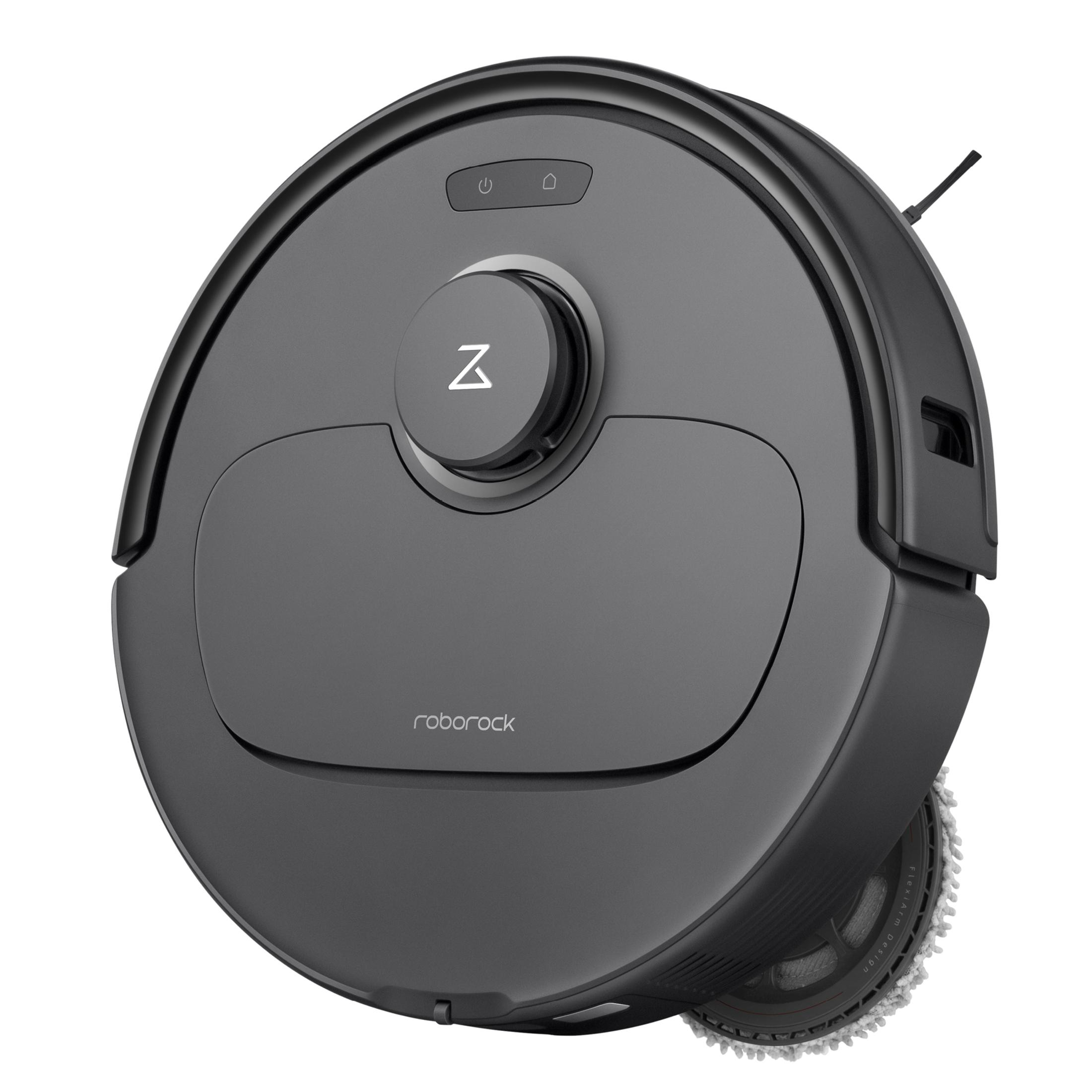 Ciemnoszary, okrągły odkurzacz automatyczny z centralnym przyciskiem i marką 'roborock'.