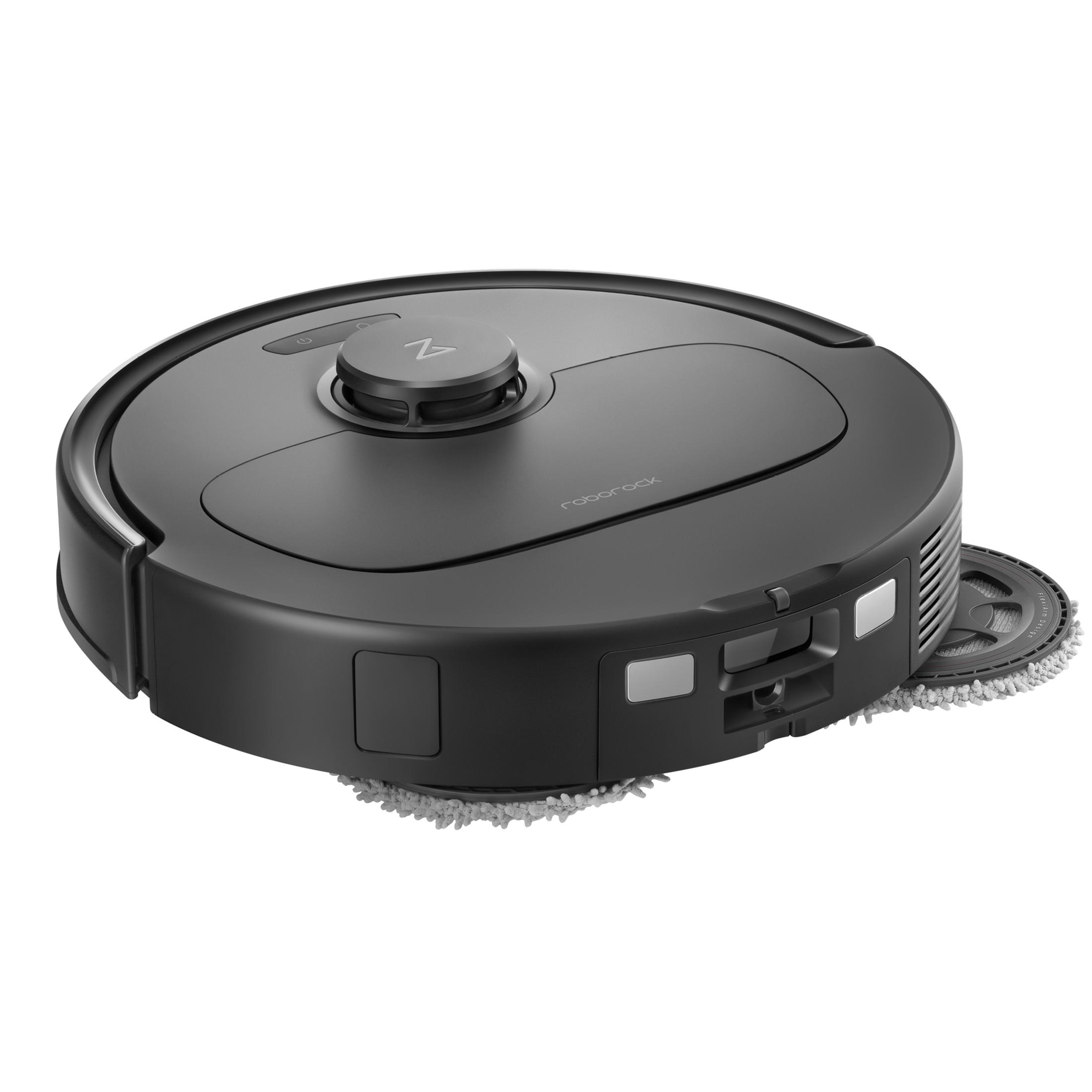 Czarny robot sprzątający Roborock na białym tle.