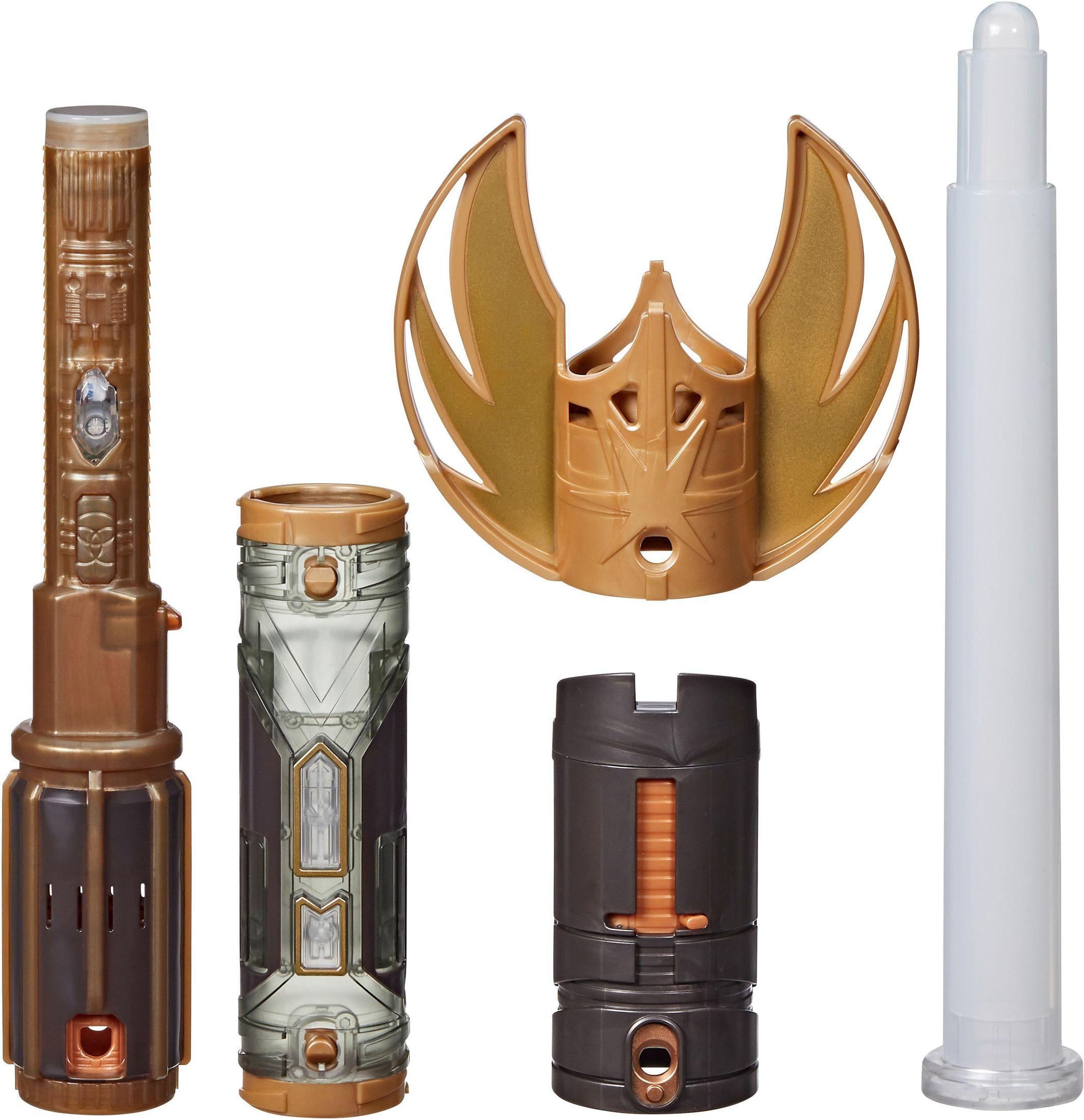 Części miecza świetlnego Star Wars, w różnych odcieniach brązu, srebra i przezroczystego plastiku.