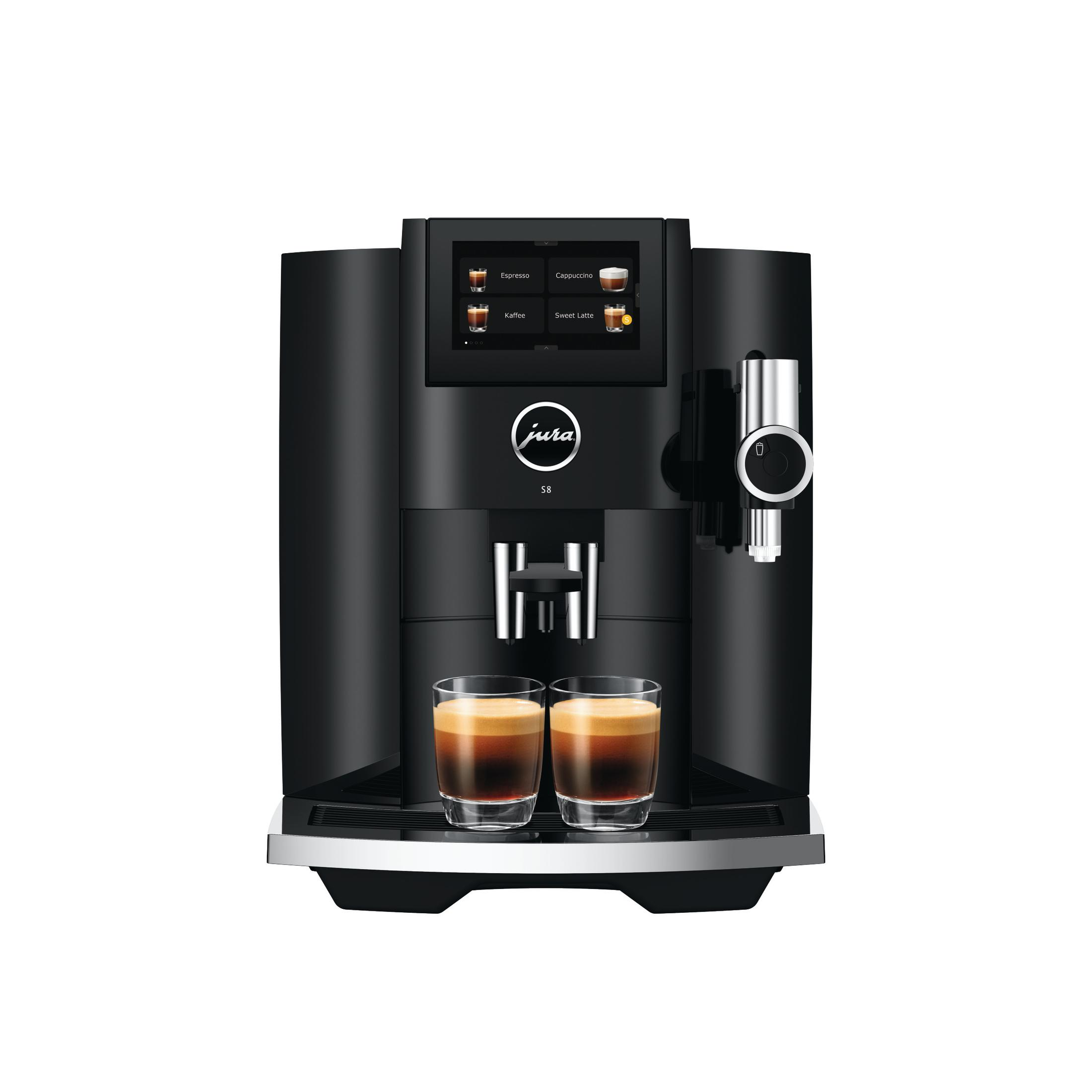 Una macchina da caffè Jura nera con touchscreen e due tazze di espresso.