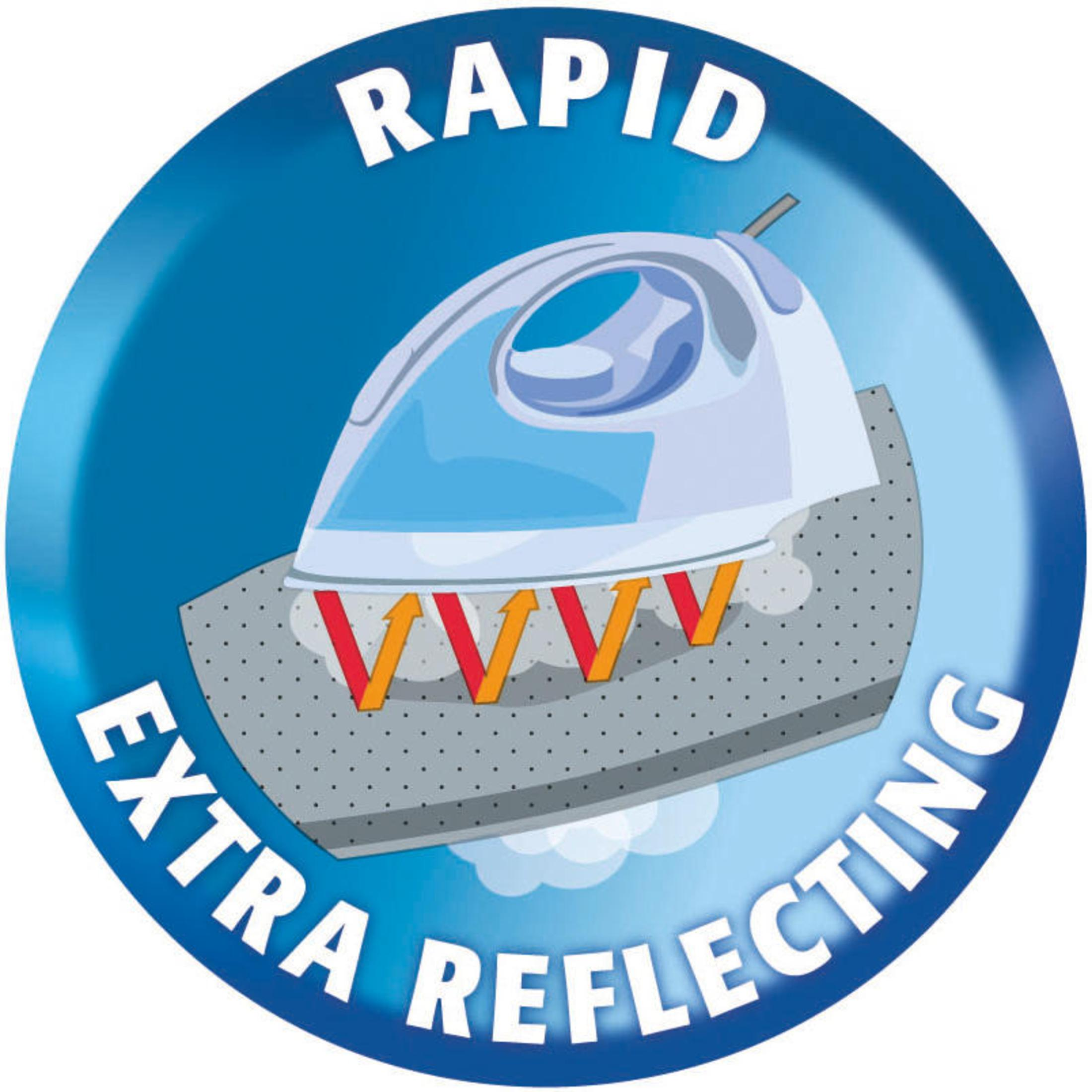 Niebiesko-białe żelazko na szarej desce do prasowania, z parą i pomarańczowymi strzałkami w niebieskim kole.