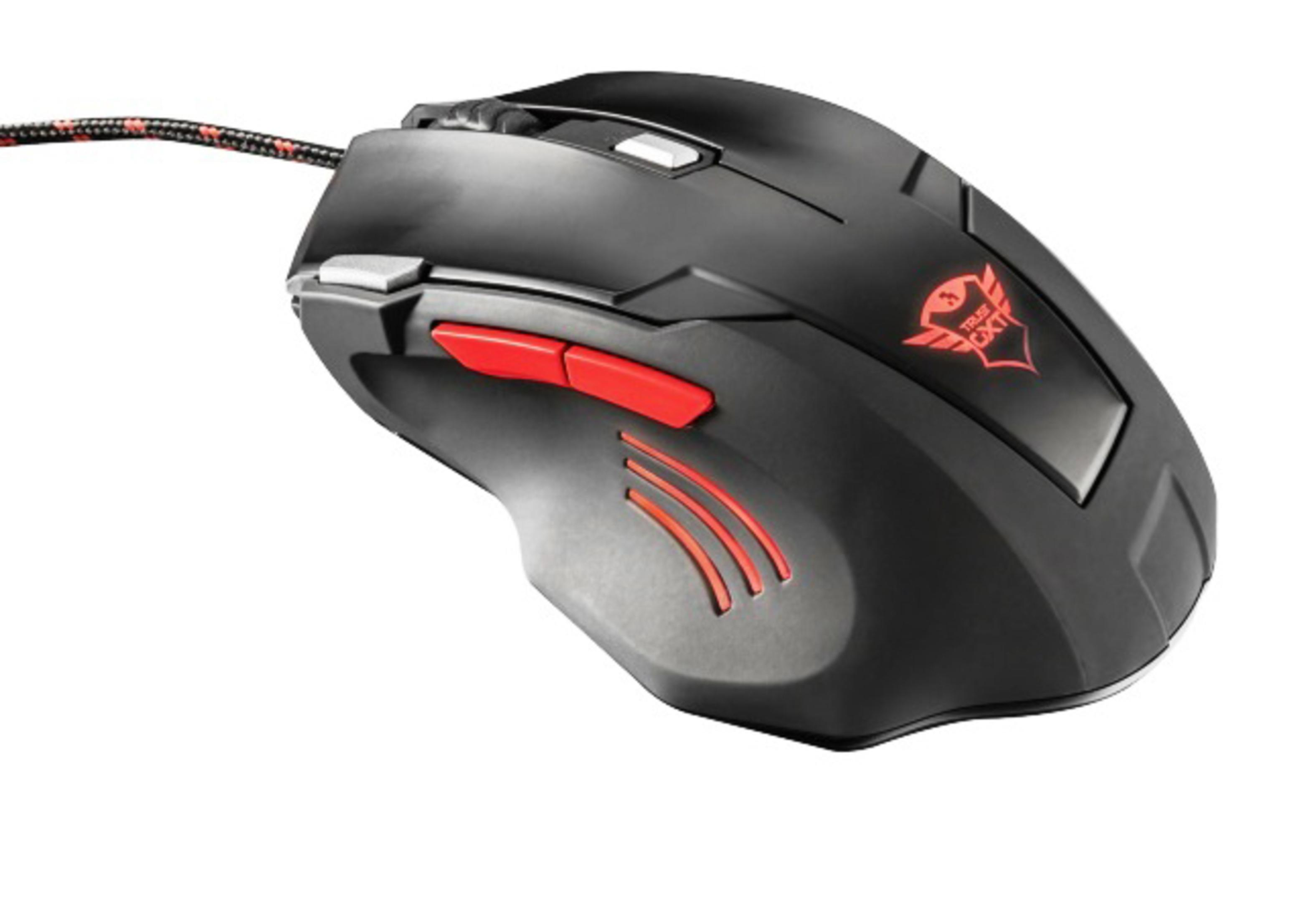 Un mouse da gioco nero con pulsanti e accenti rossi su sfondo bianco.