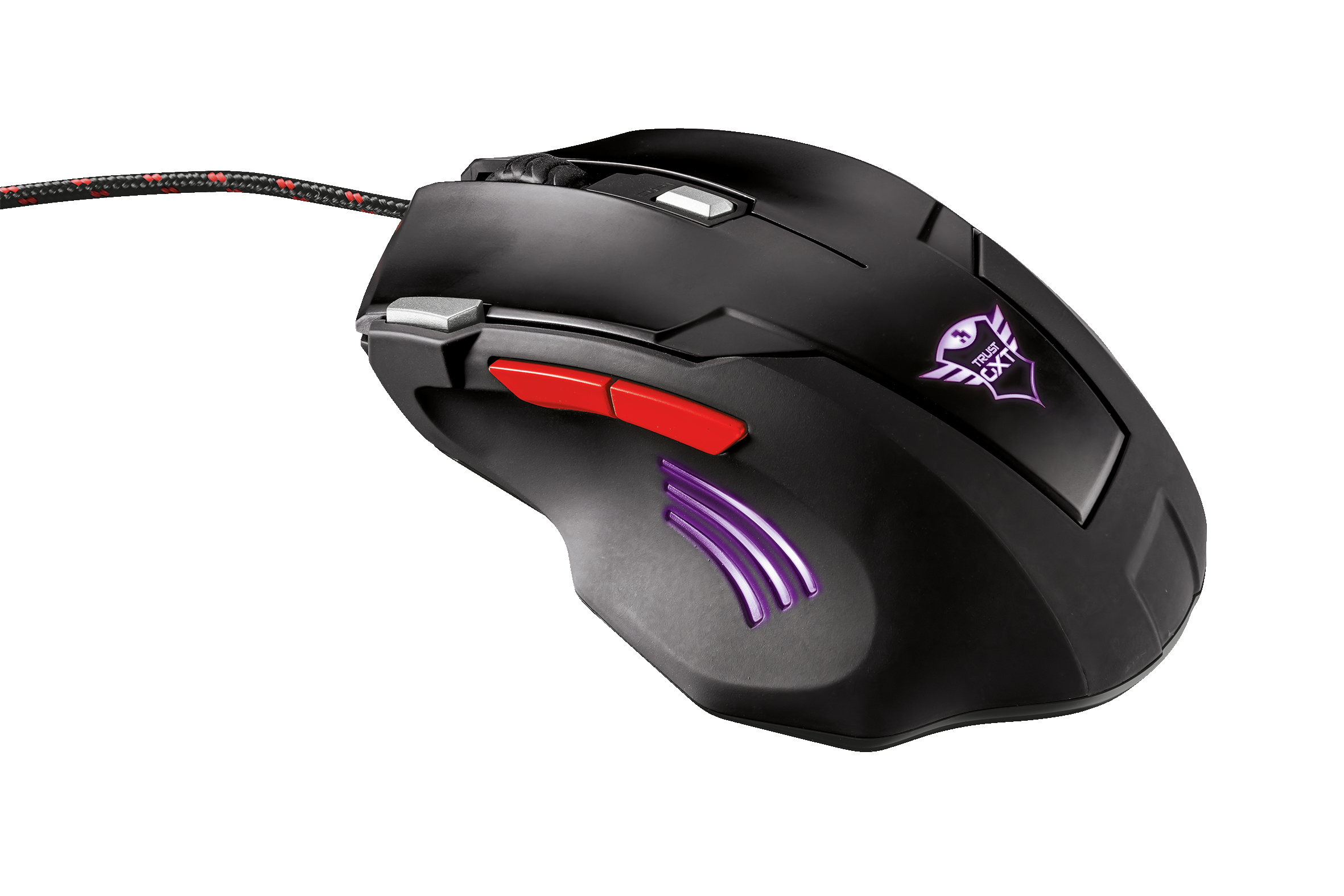 Un mouse da gioco nero con dettagli rossi e viola, un cavo rosso e nero e il logo "TRUST GXT".