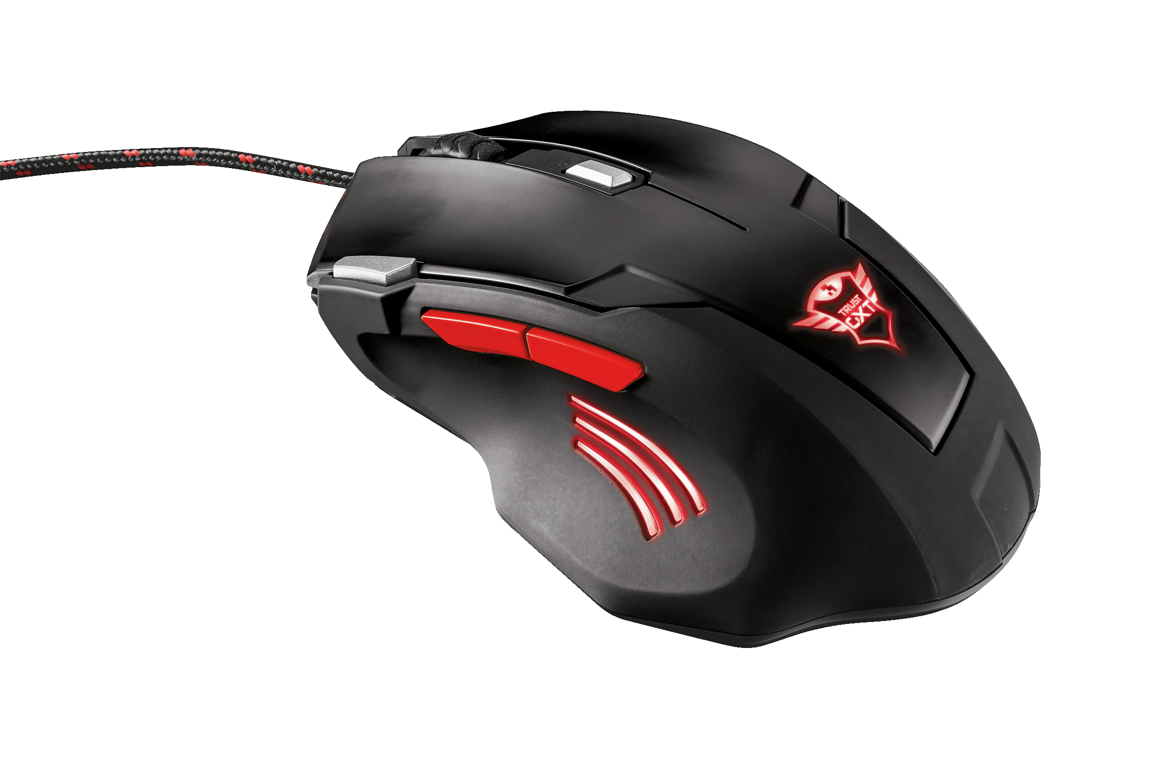 Mouse da gioco nero con dettagli rossi. Ha pulsanti e una rotella di scorrimento. Sfondo bianco.