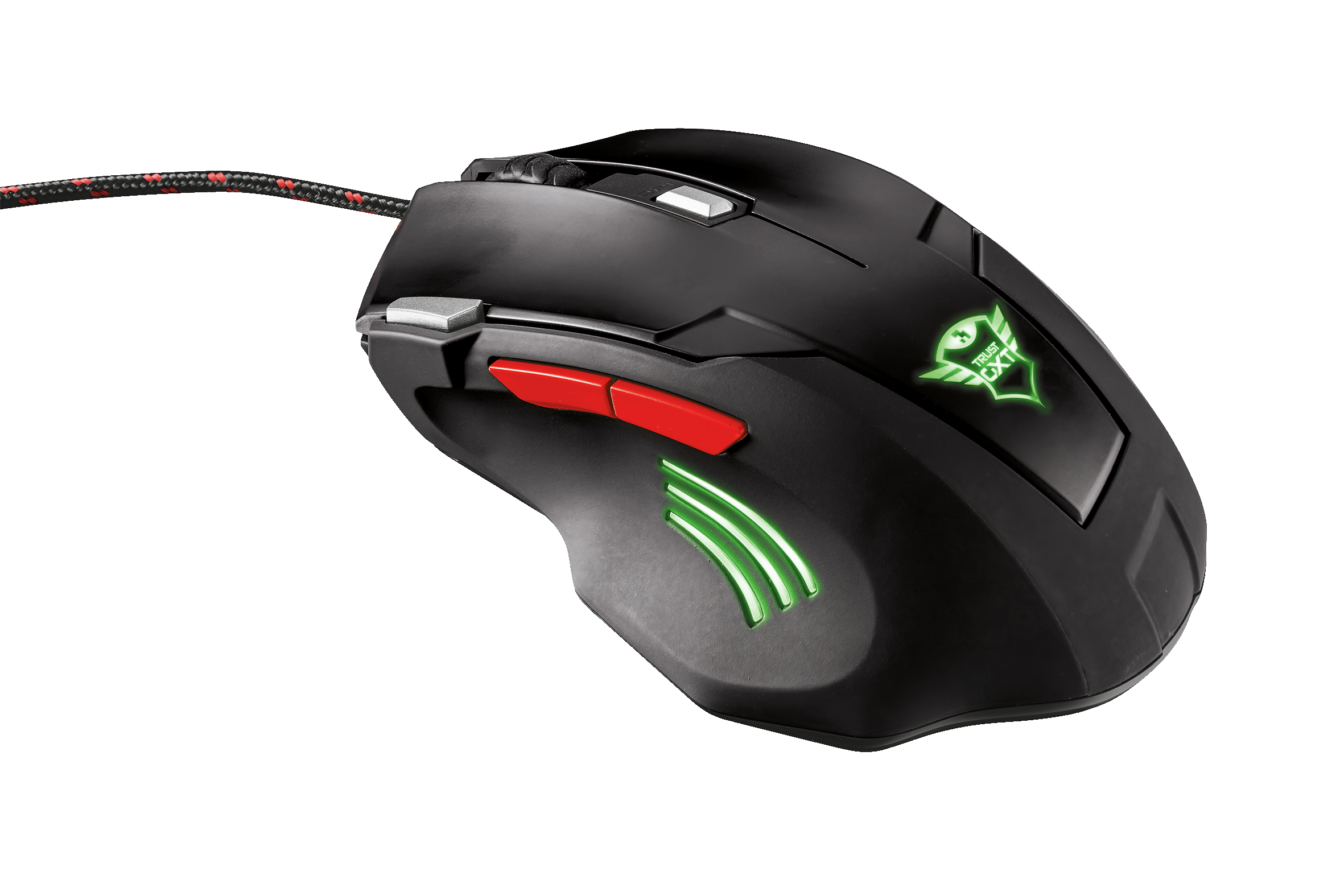 Mouse da gioco nero con dettagli rossi e verdi, un cavo rosso/nero.