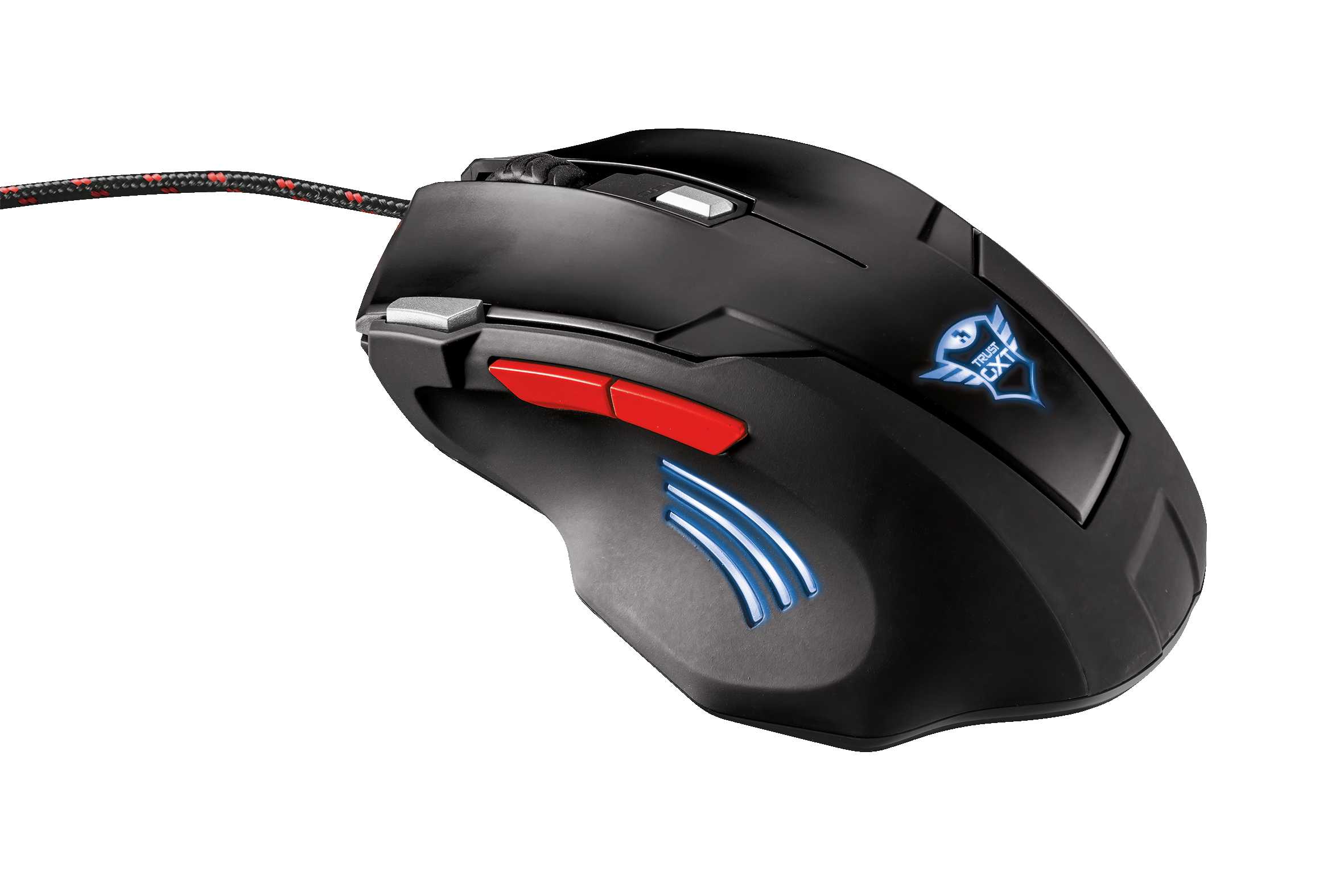 Mouse da gaming nero con pulsanti rossi e luci blu. Il mouse ha un logo TRUST.