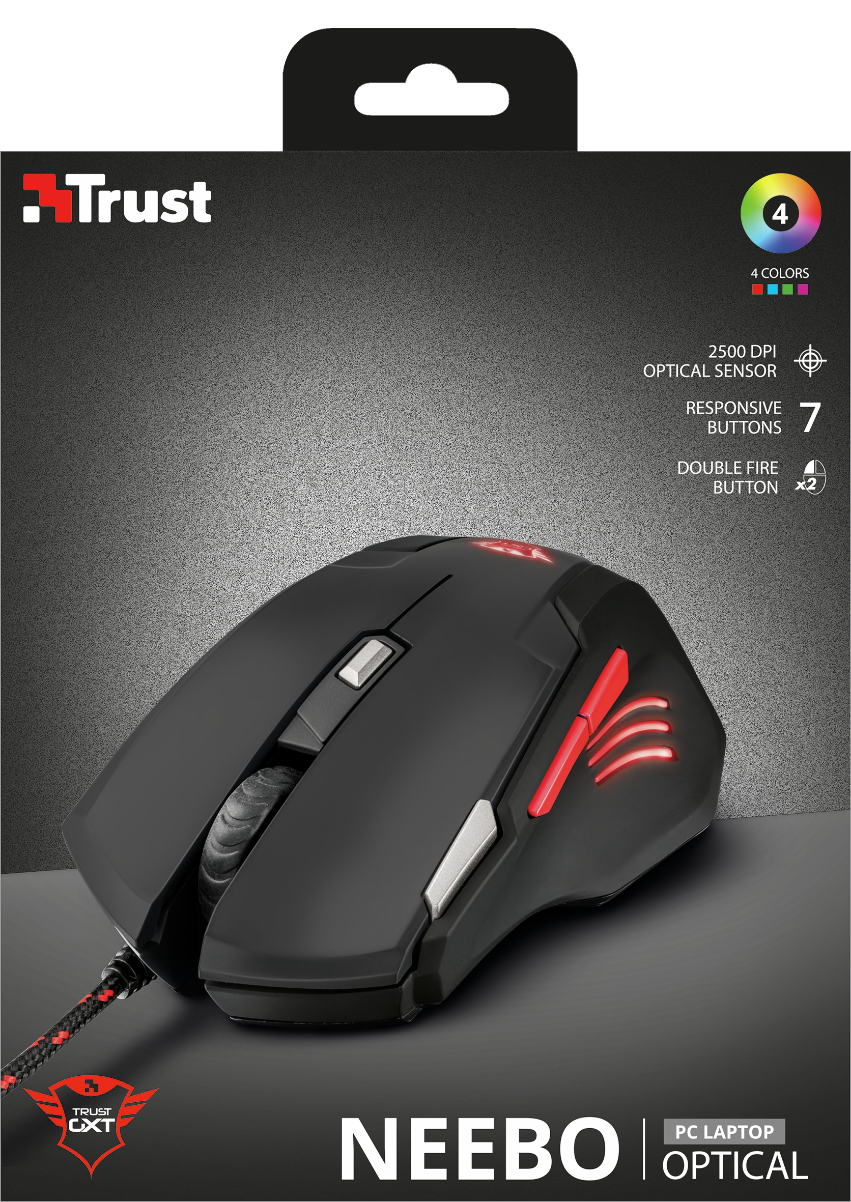 Un mouse da gaming nero con dettagli rossi, il logo Trust e una connessione cablata su sfondo grigio.