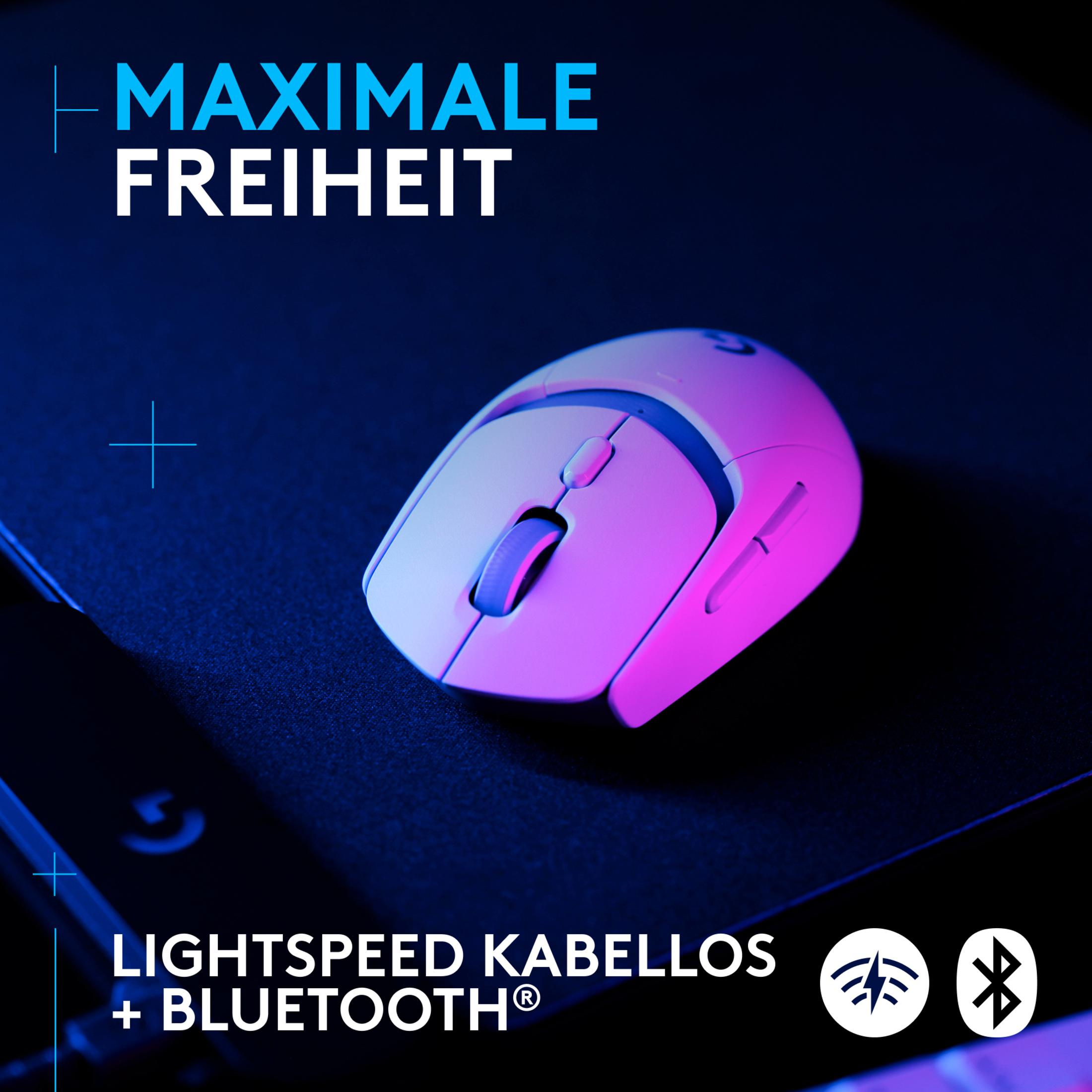 Roze draadloze muis op zwart oppervlak. Tekst: Maximale vrijheid, Lightspeed + Bluetooth. Blauw en roze licht.