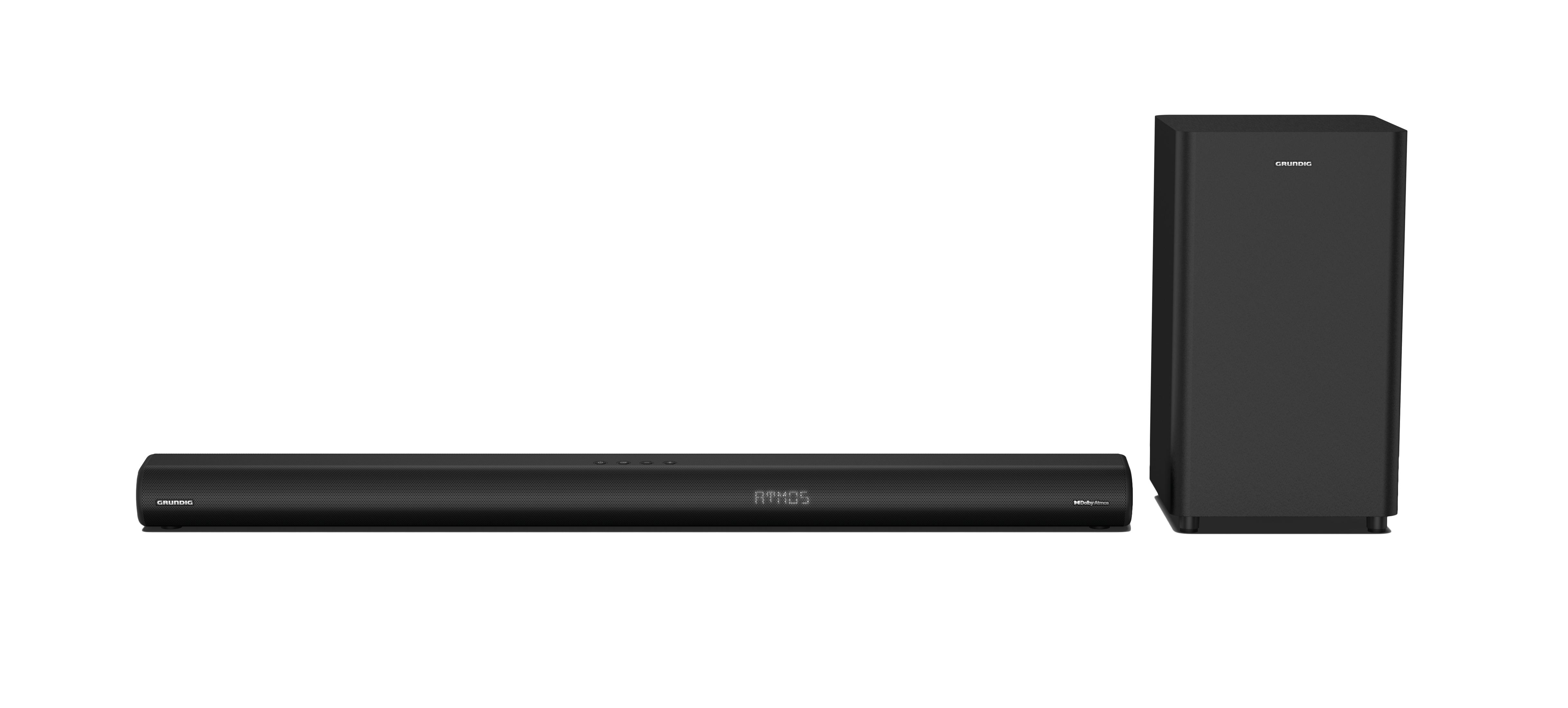 Czarny soundbar i subwoofer na białym tle.