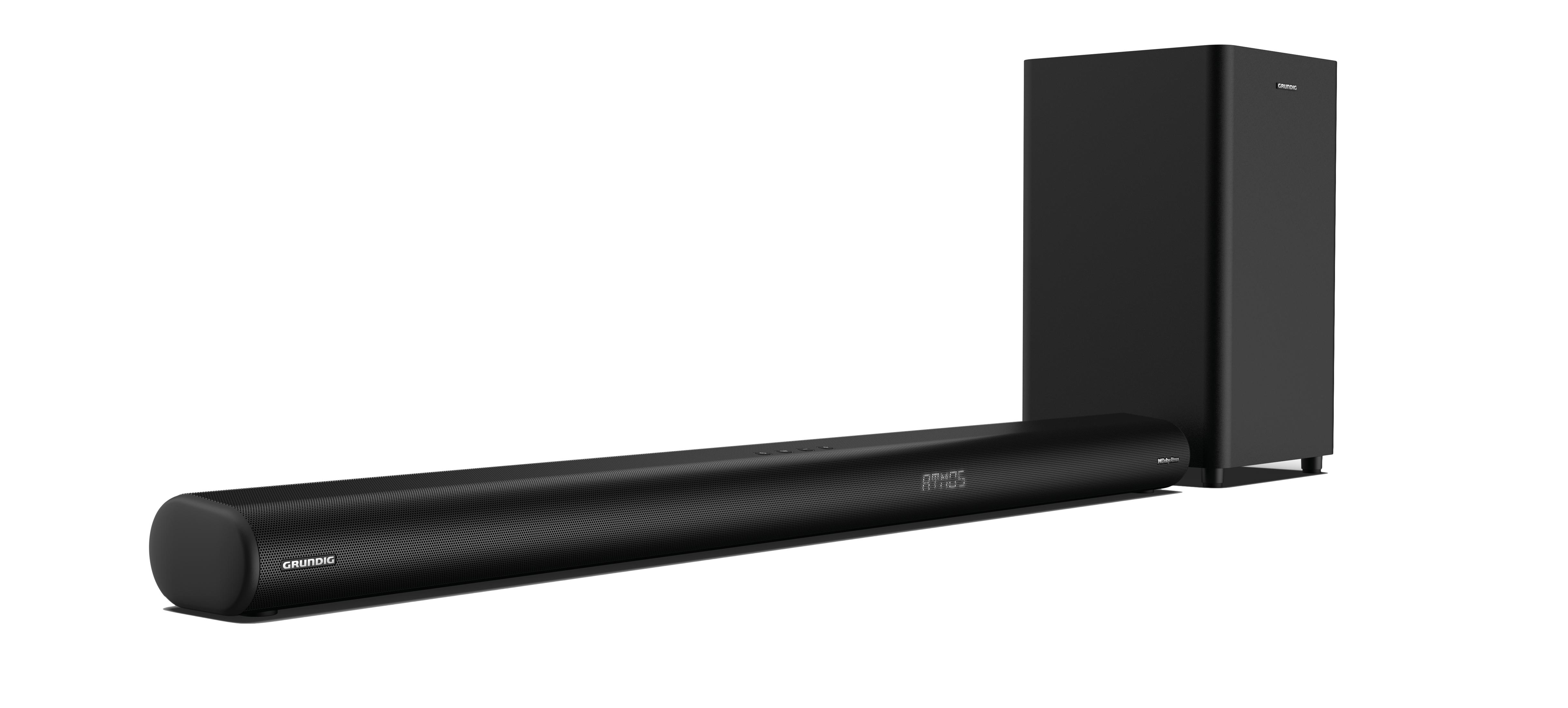 Czarny soundbar z czarnym subwooferem. Białe tło.