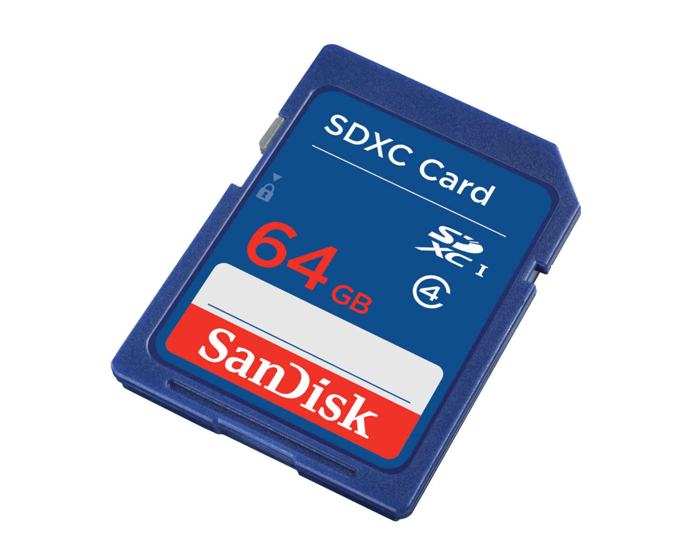 Blaue SDXC-Karte. Die Karte hat ein weißes Etikett mit rotem Sandisk-Logo.
