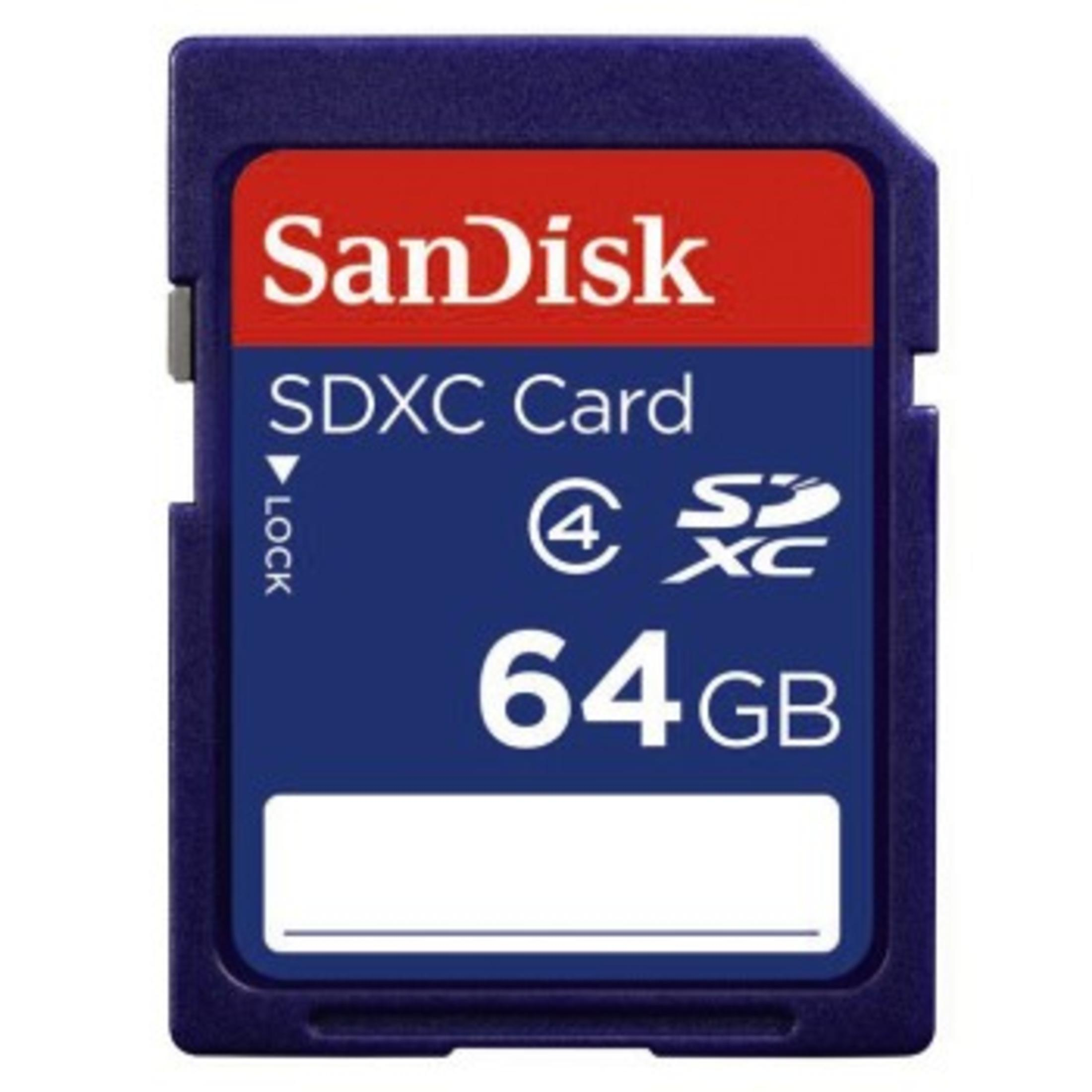 Blaue SDXC-Karte mit rotem Etikett und weißem Text SDXC Card, 64GB und Sandisk-Logo.