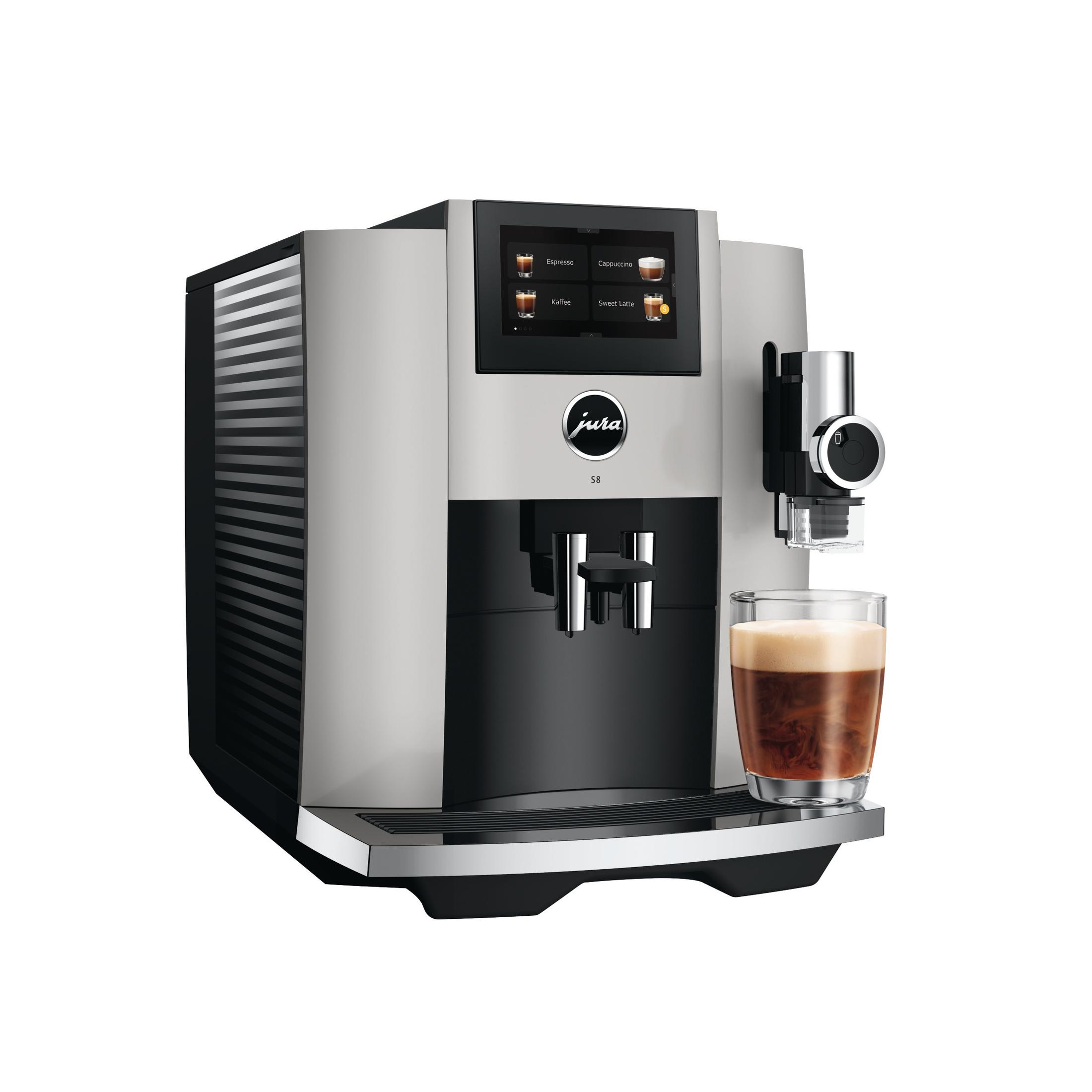 Macchina da caffè Jura S8 argento e nera con touchscreen e tazza di caffè. Sfondo nero.
