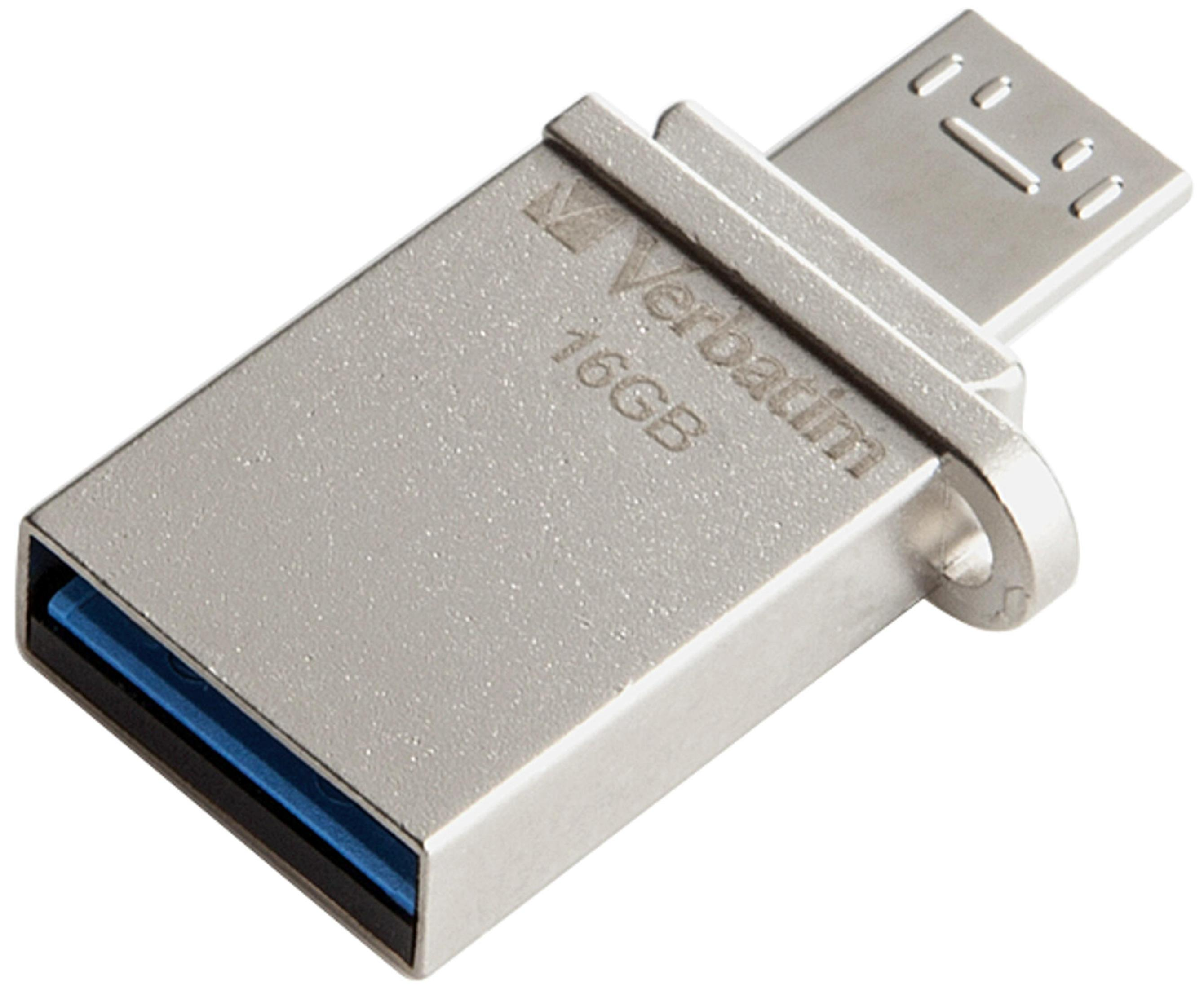 Srebrny pendrive Verbatim z niebieskim wnętrzem. Pokazano markę i pojemność.