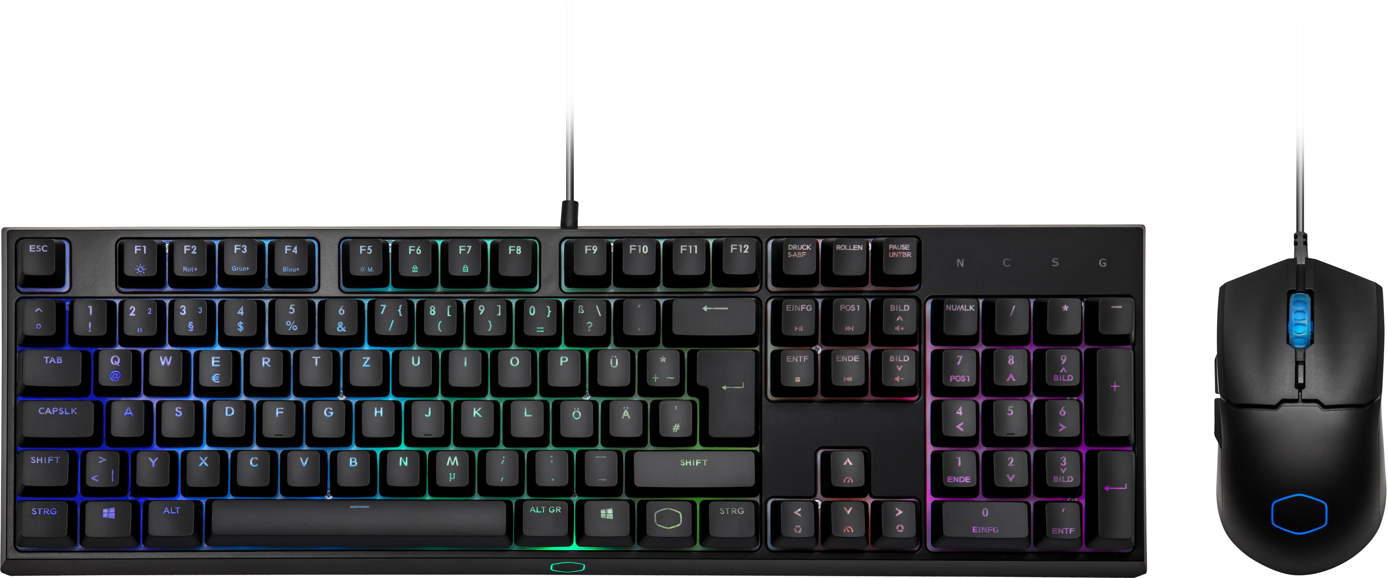 Schwarze mechanische Tastatur und schwarze Maus, beide mit RGB-Beleuchtung und Kabelanschluss.