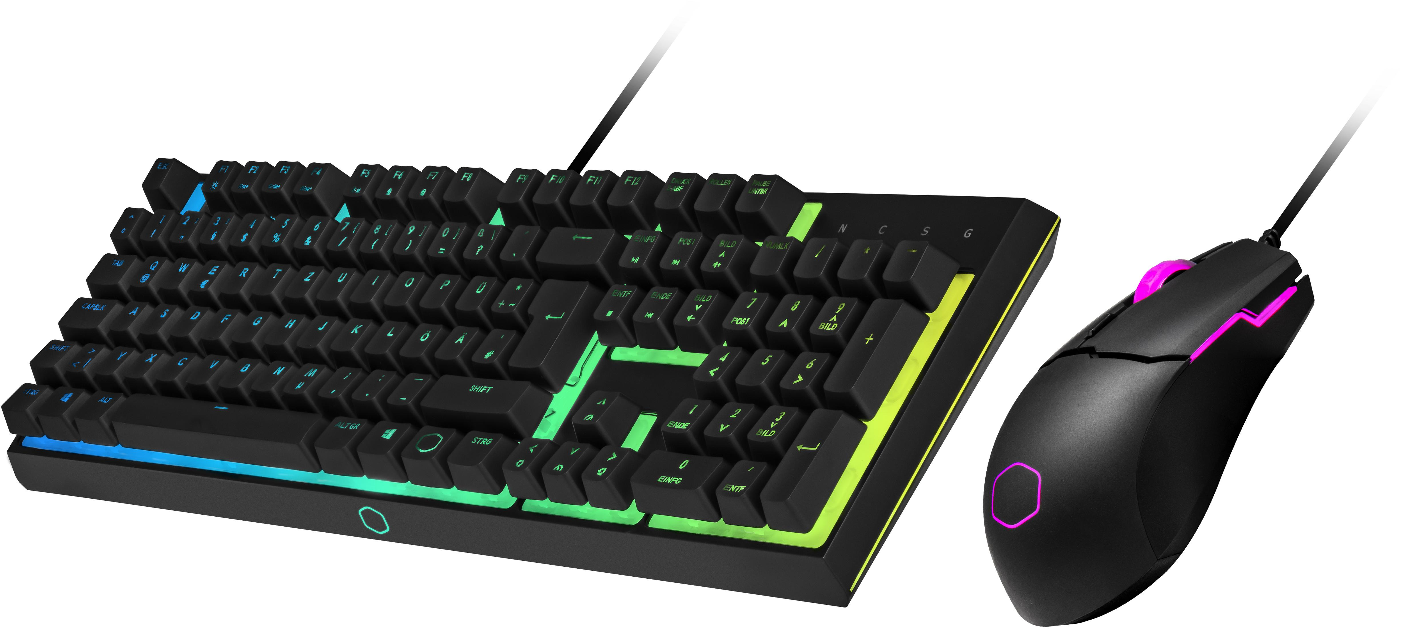 Schwarzes Tastatur- und Maus-Set. Tastatur hat farbige Lichter, die Maus ein pinkes Logo.