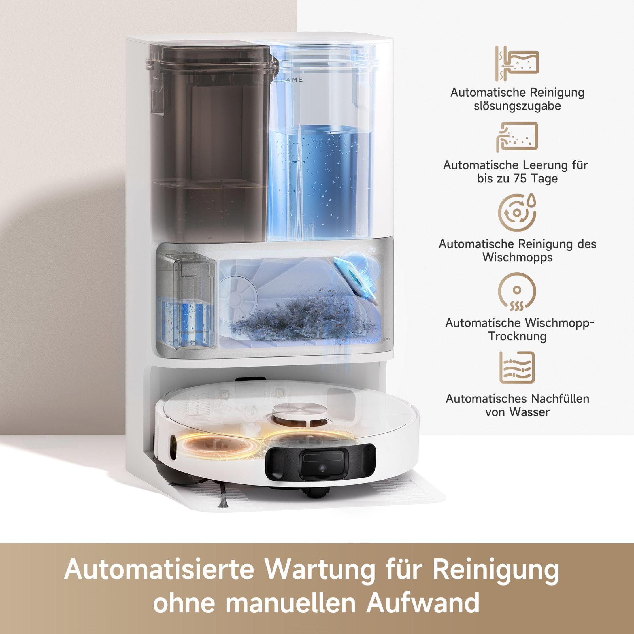 Ein weißer Roboter-Staubsauger mit einer Selbstreinigungsstation.