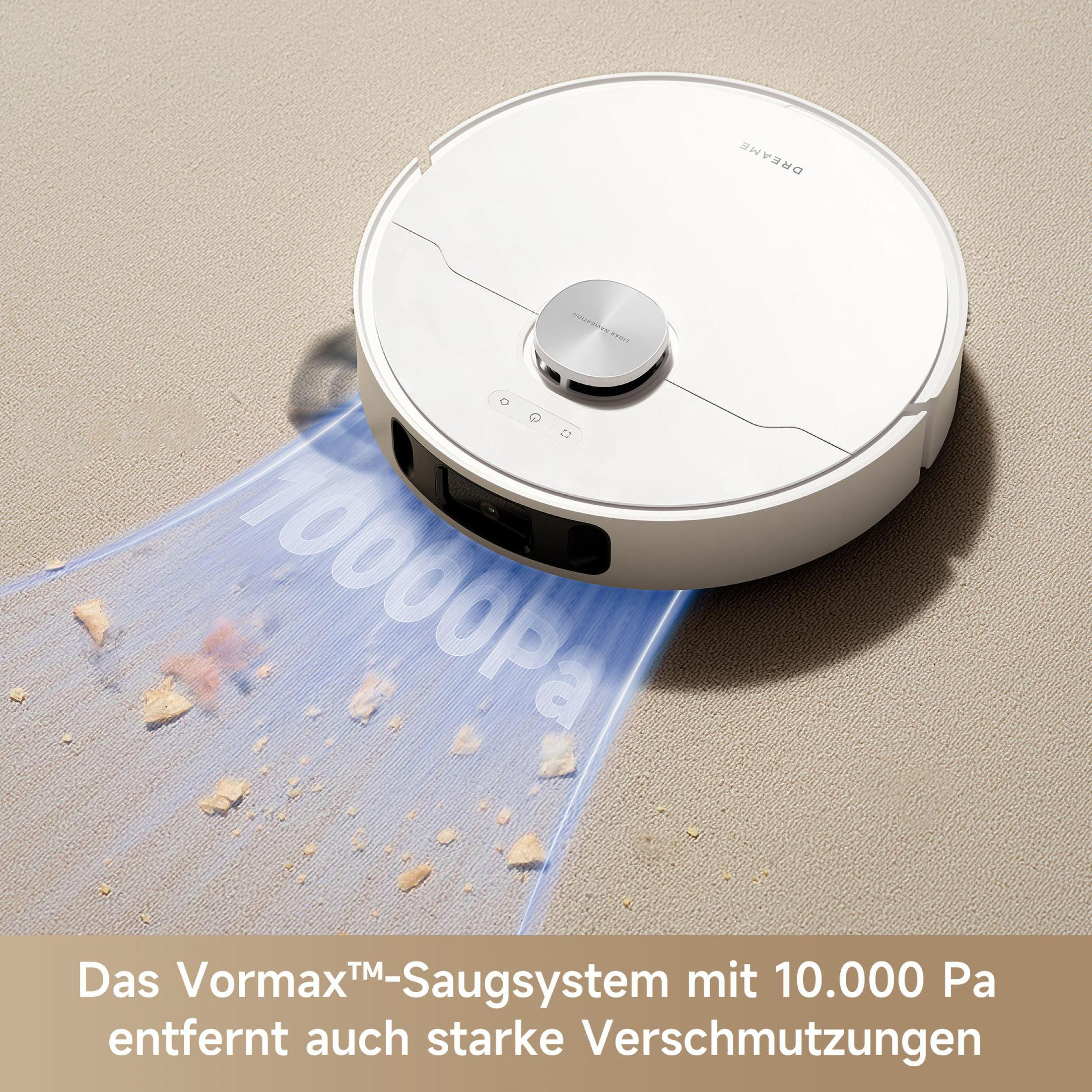 Ein weißer Roboter-Staubsauger, der Krümel auf einem Teppich reinigt, mit Text zur Saugkraft.