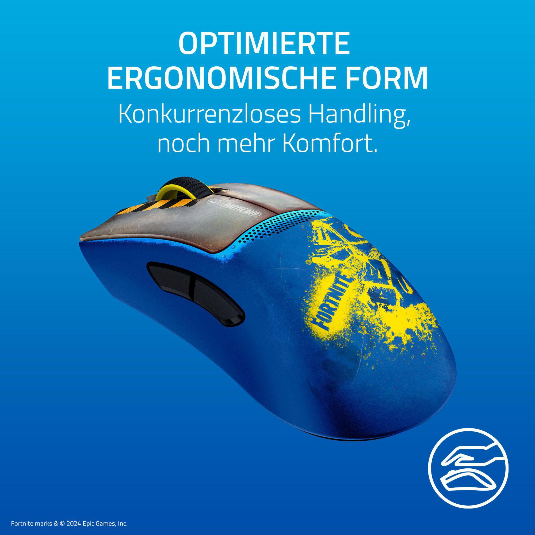 Niebieska i żółta mysz Fortnite. Tekst na myszy mówi 'Fortnite'.