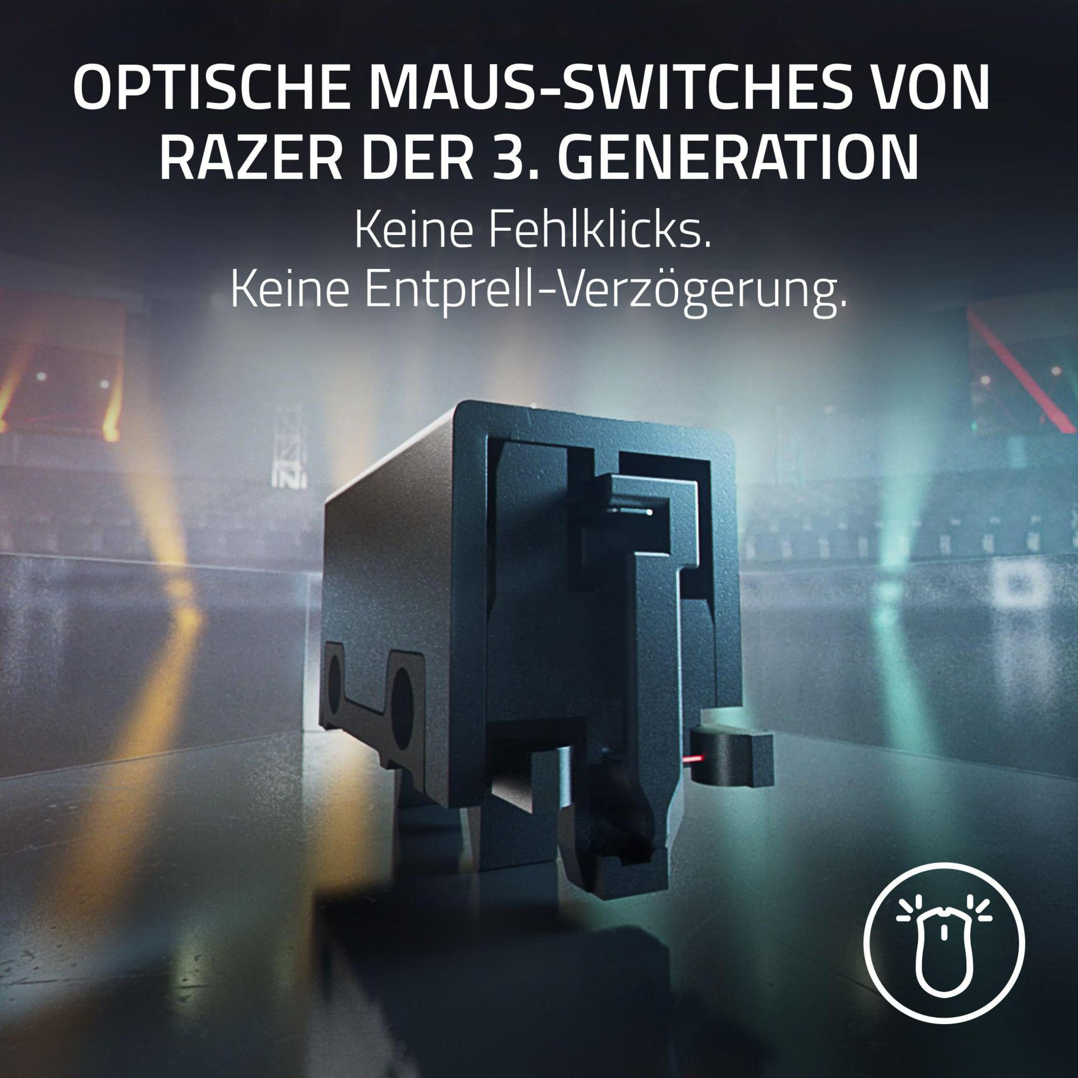 Czarny optyczny przełącznik myszy. Tekst: Optyczne przełączniki myszy 3 generacji.