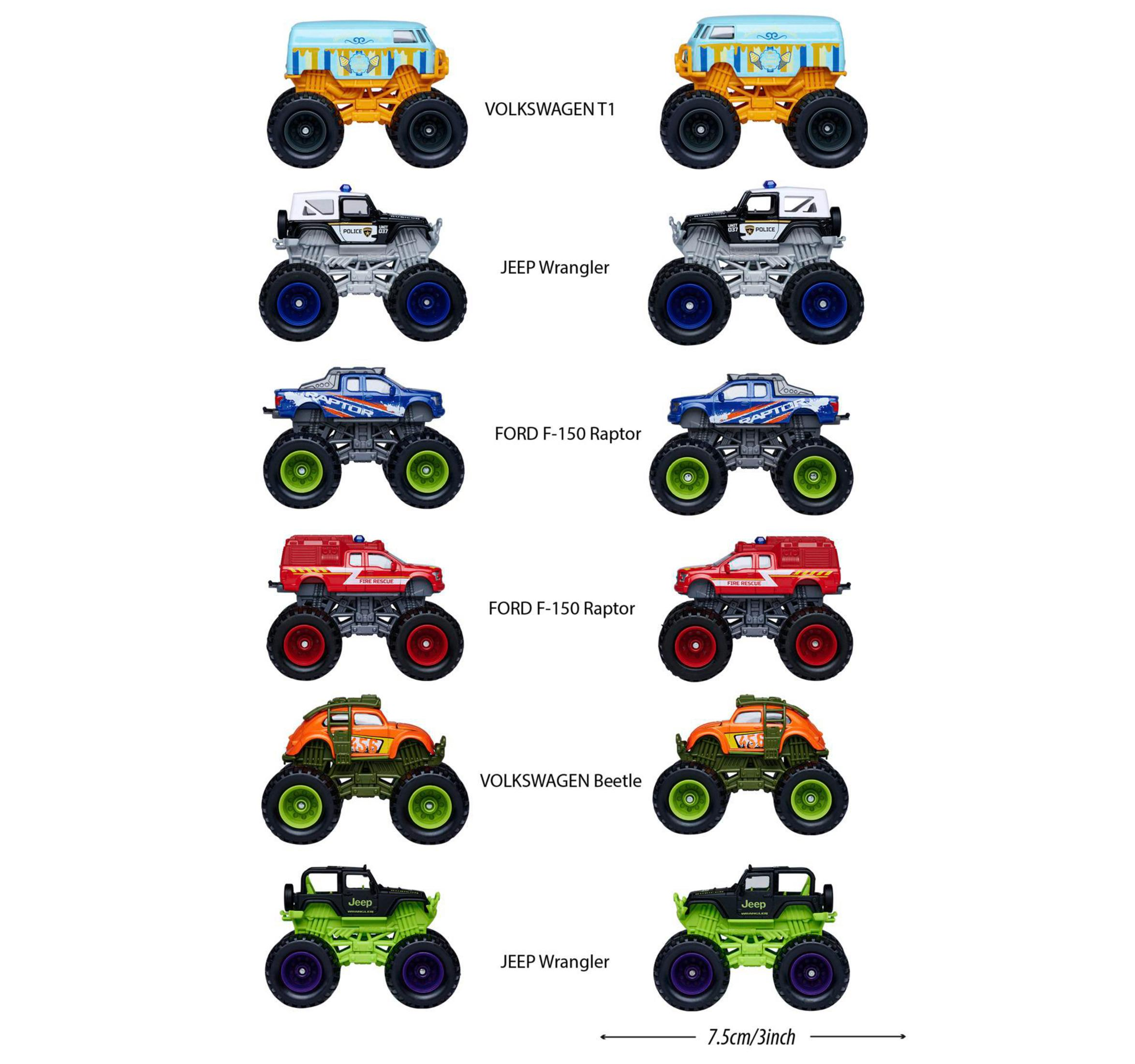 Zabawkowe monster trucki parami, różne kolory i wzory, na białym tle.
