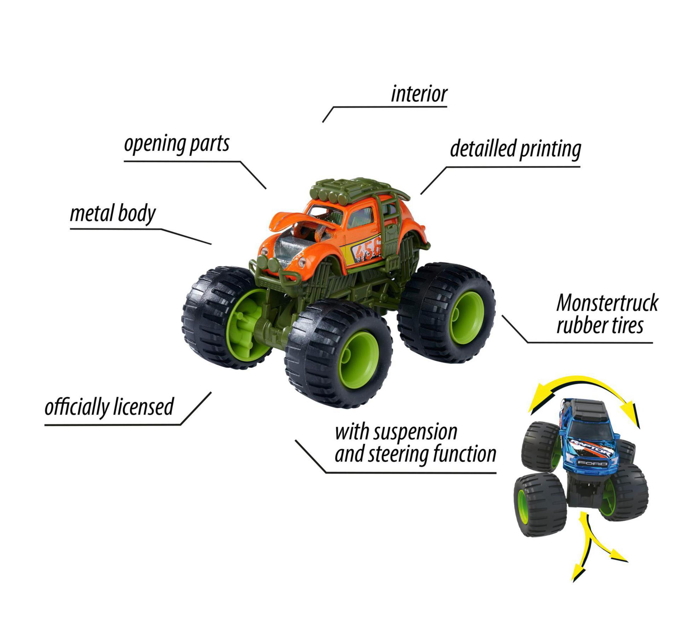 Pomarańczowo-zielona zabawka monster truck z gumowymi oponami i etykietami. Białe tło.