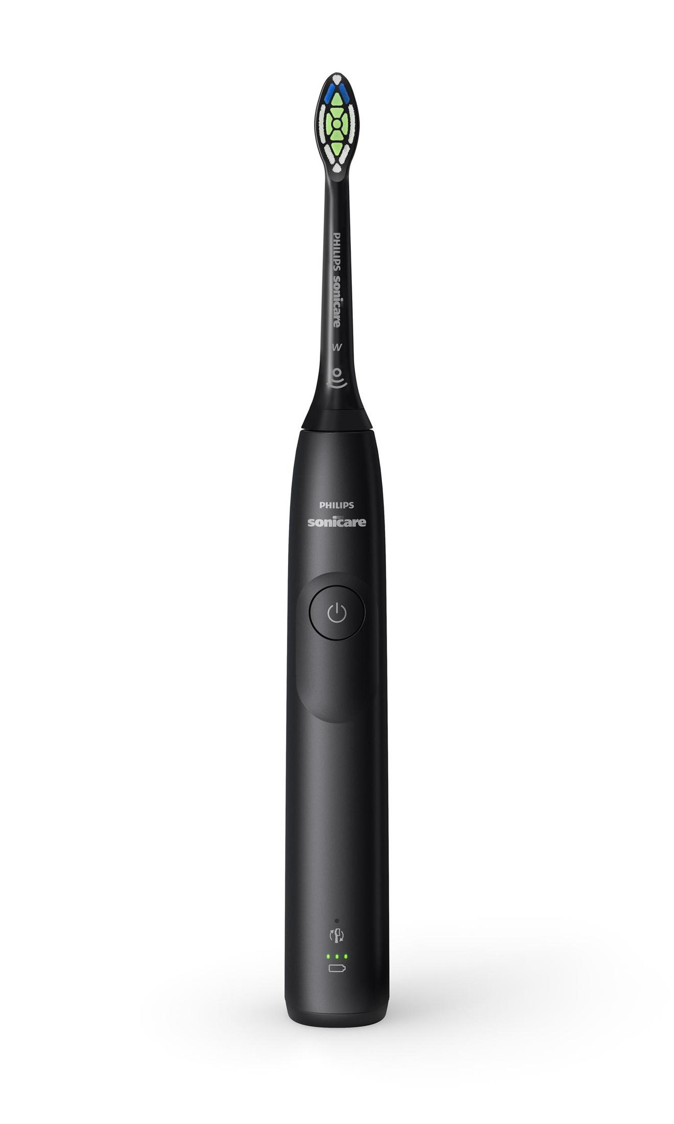 Schwarze Philips Sonicare Zahnbürste. Weißer Hintergrund. USB-Anschluss unten sichtbar.