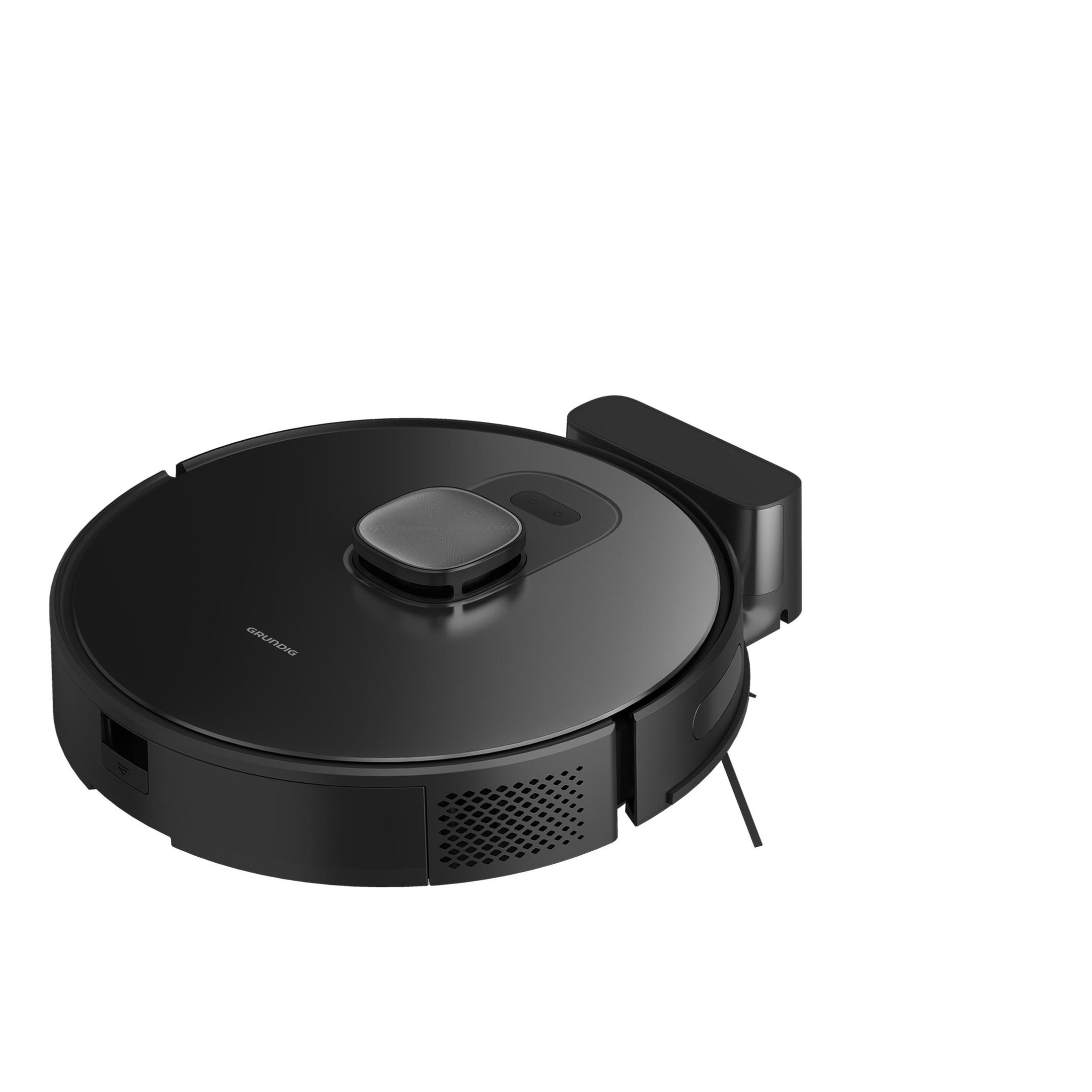 Ein schwarzer Roboter-Staubsauger mit schwarzer Ladestation.