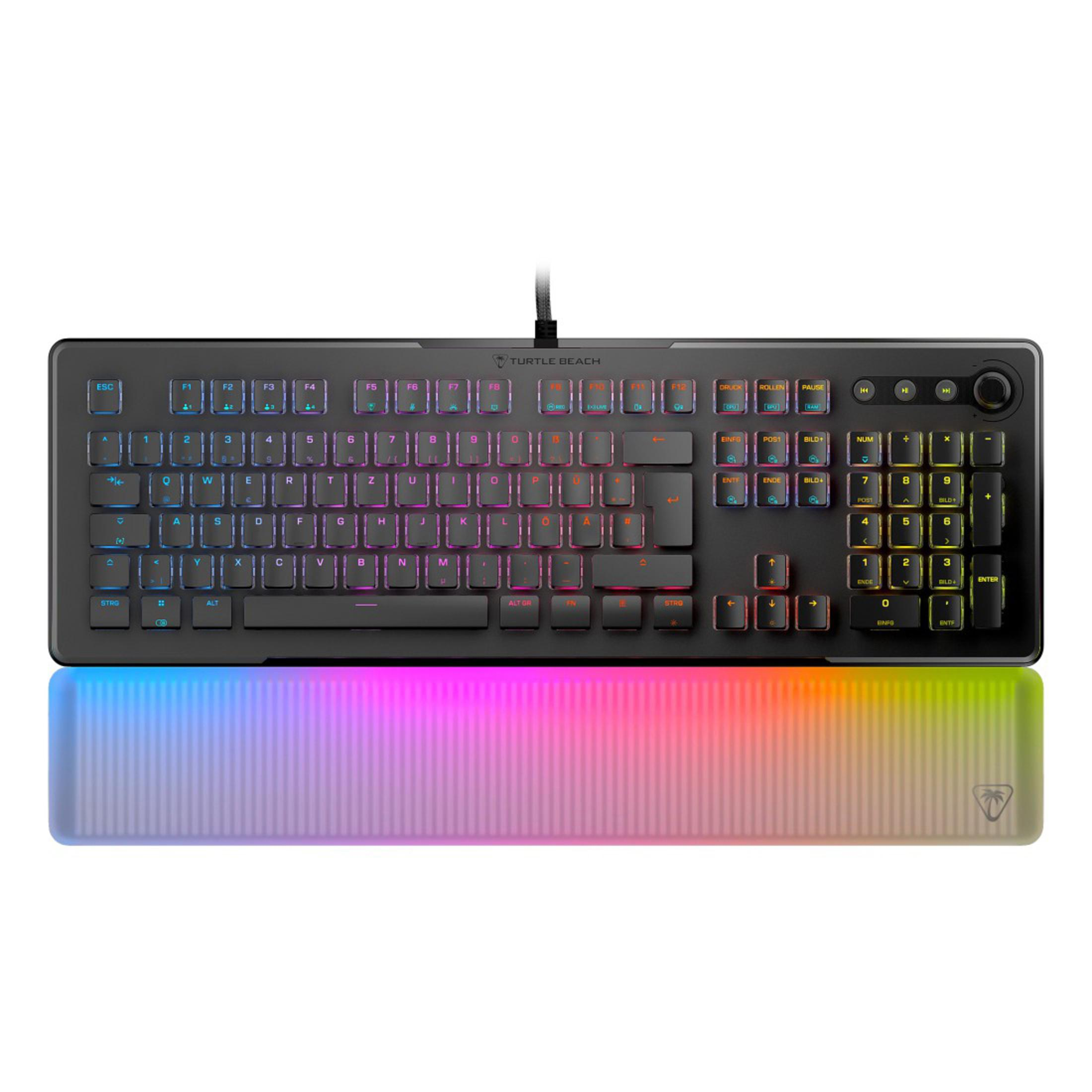 Schwarze Tastatur mit mehrfarbigen Lichtern, Handgelenkauflage und Kabel.