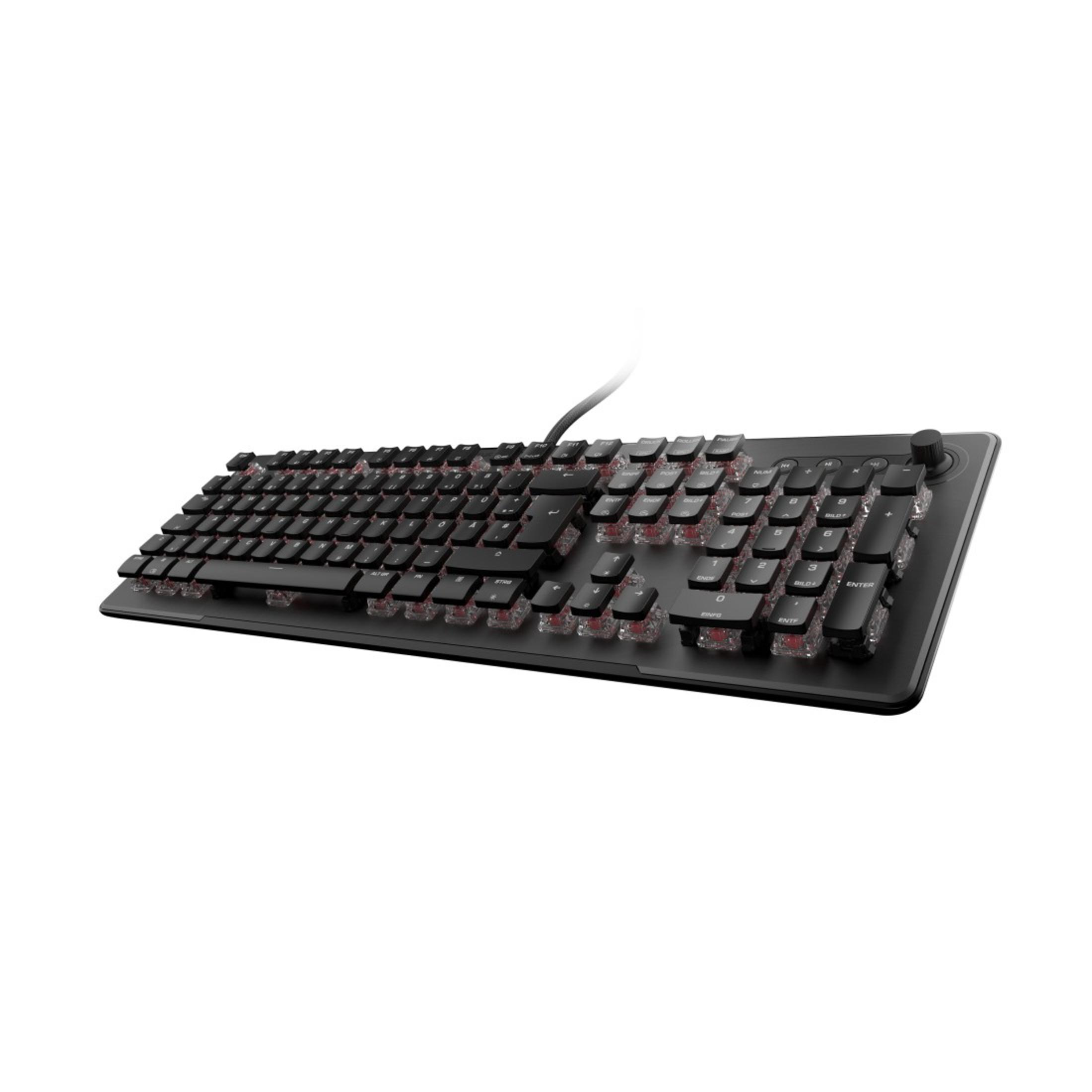 Schwarze Tastatur mit transparenten Tasten und roter Beleuchtung.
