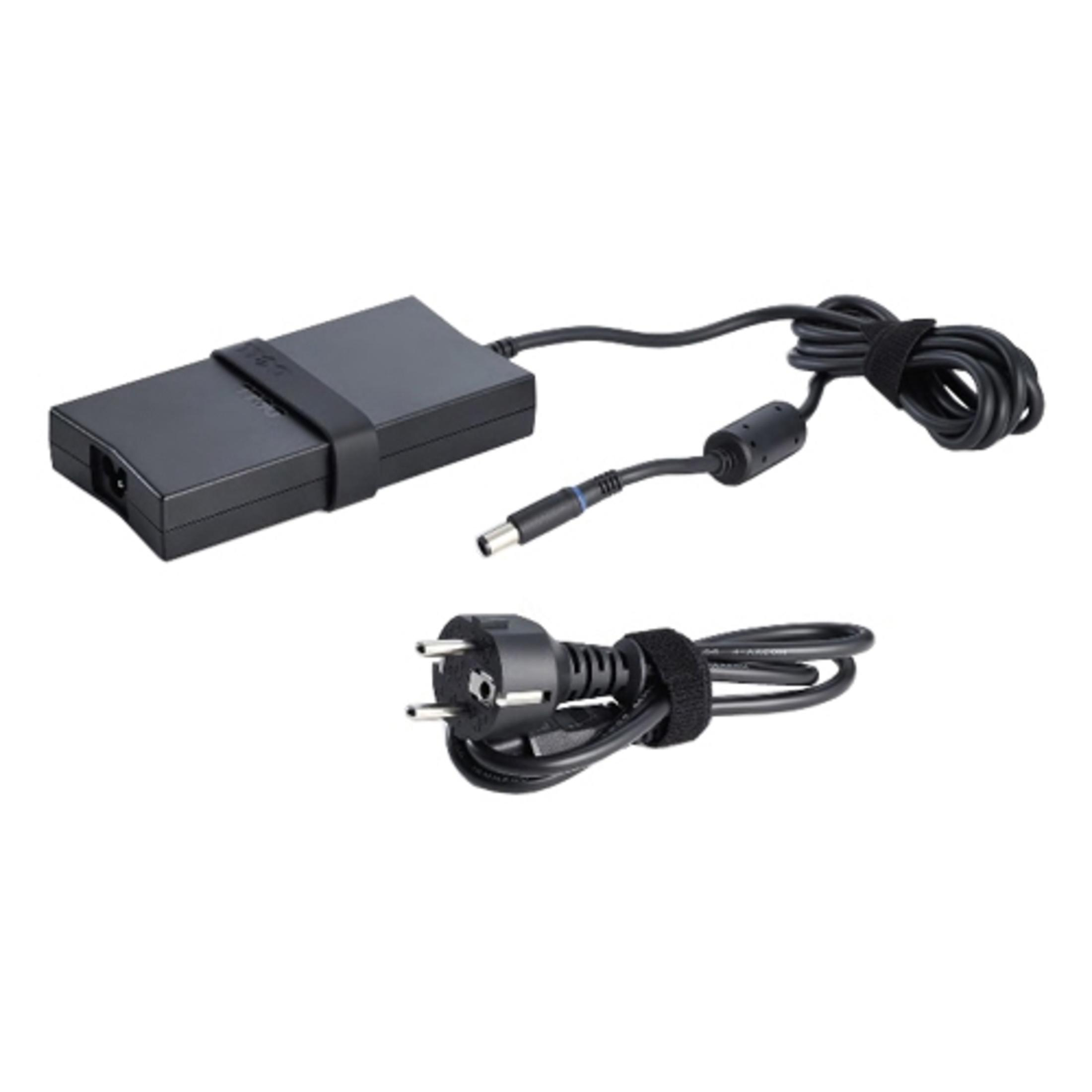 Schwarzes Laptop-Ladegerät mit schwarzem Stecker und Kabel.