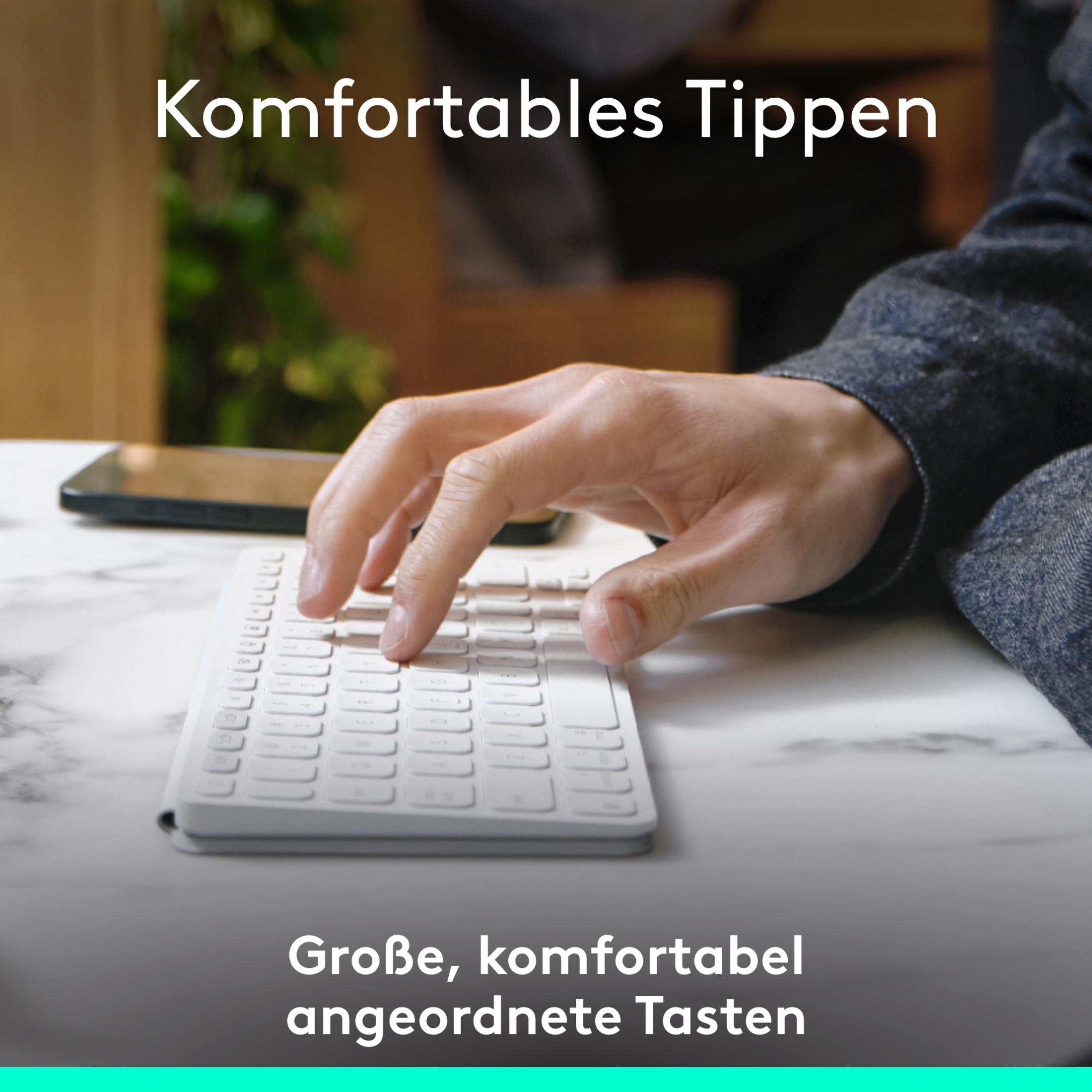 Osoba pisząca na białej klawiaturze, z tekstem o wygodnym pisaniu.