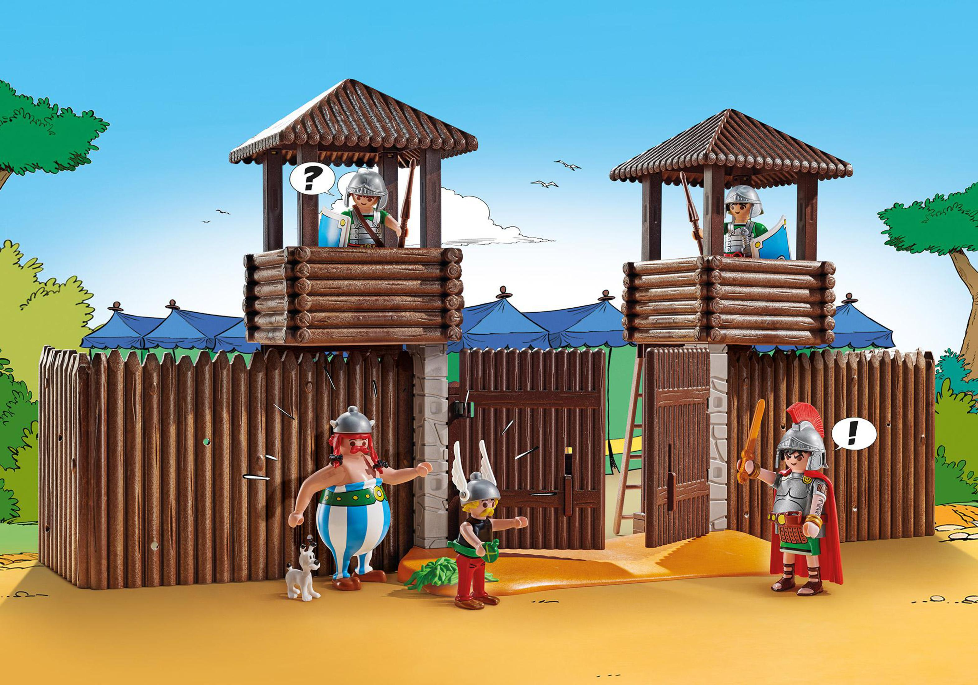 Scena del forte Playmobil Asterix. Personaggi, recinzione in legno, torri e cielo blu.