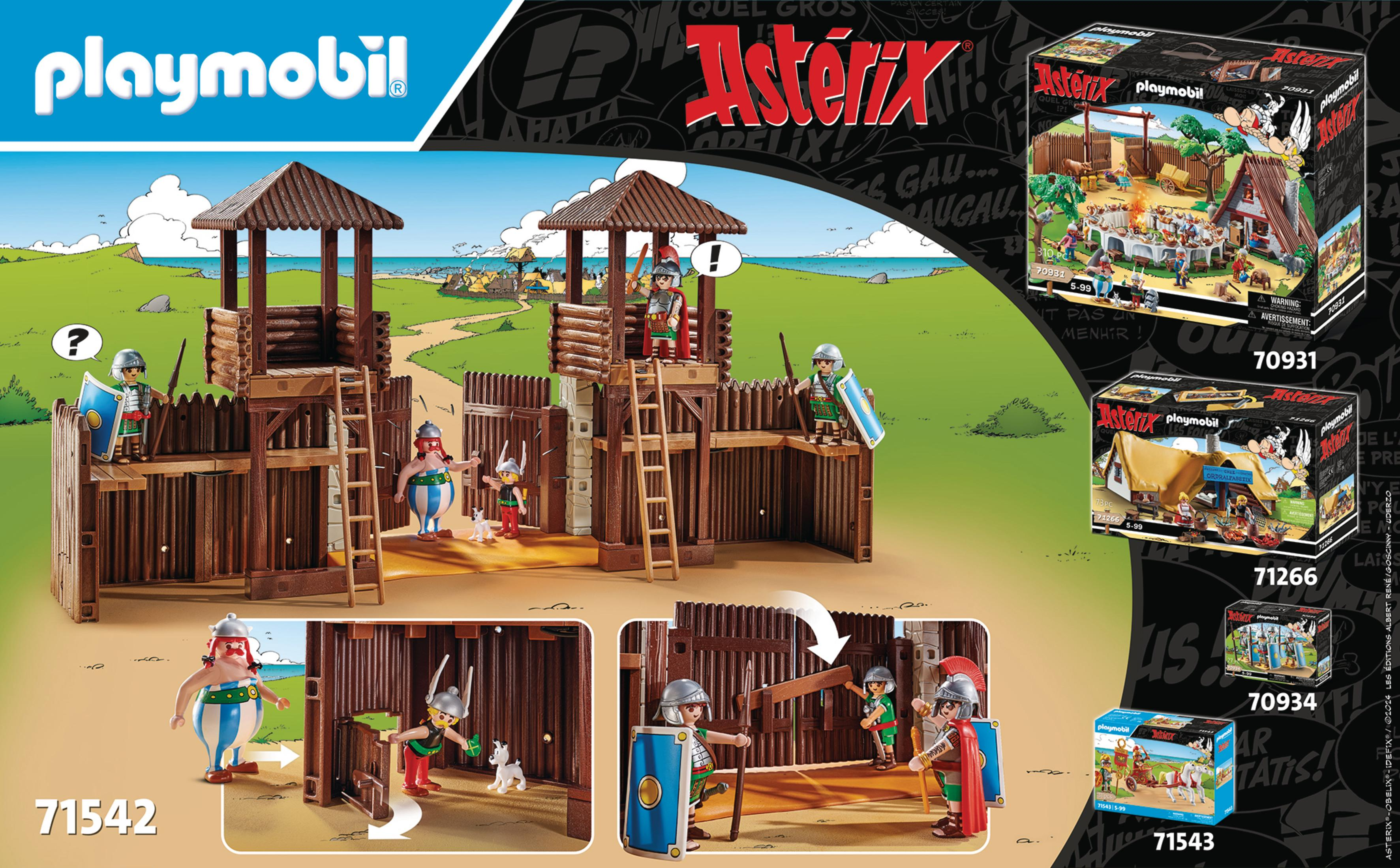 Set Playmobil Asterix con forte in legno, personaggi e confezione del prodotto. Scatole mostrano vari set a tema.