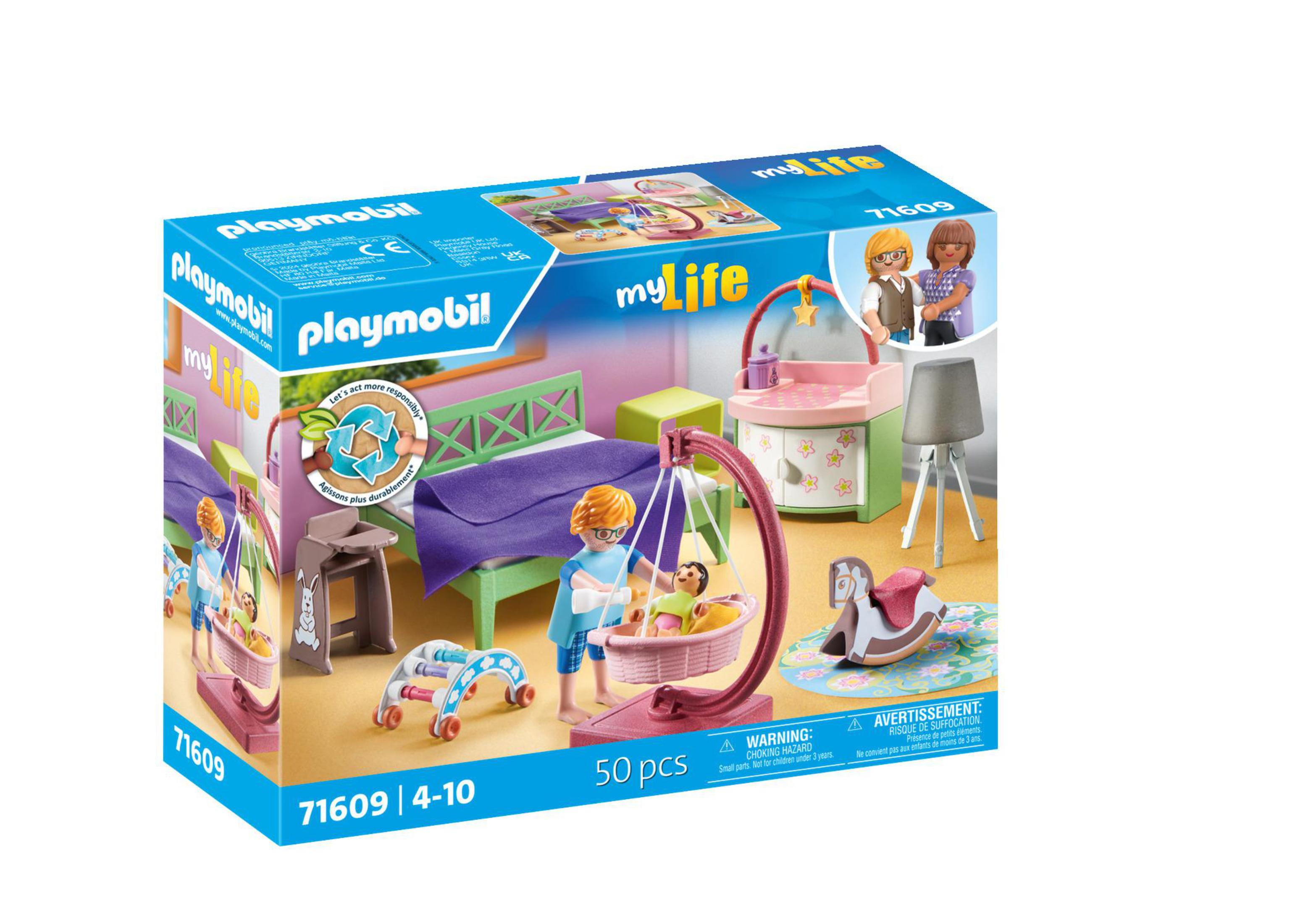 Playmobil-Box-Set mit Baby-Pflege-Thema. Enthält Figuren, eine Krippe und Zubehör.