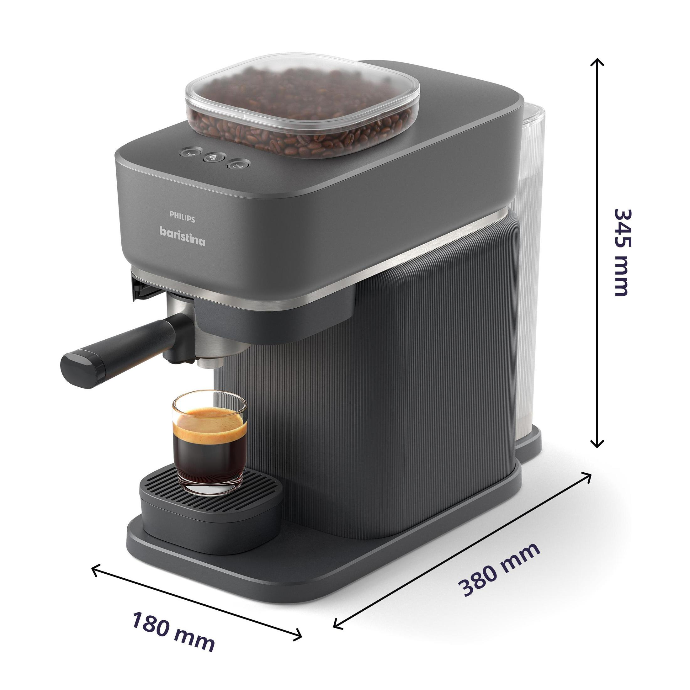 Eine graue Philips Barista Espressomaschine, mit Maßangaben.