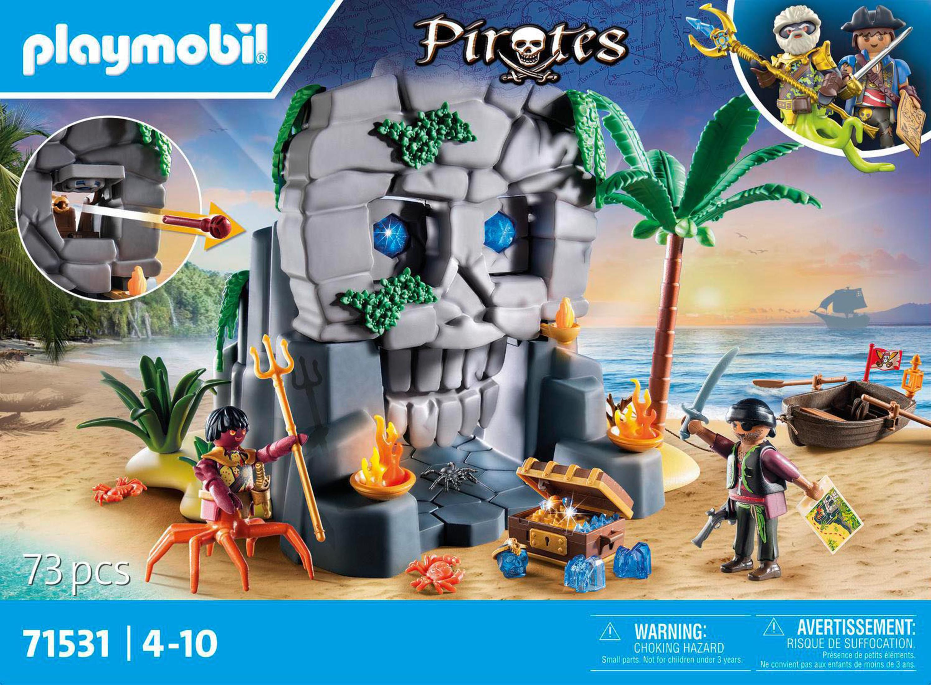 Playmobil Pirateninsel-Spielset mit schädelartigem Felsen, Piraten, Schatz und Boot im Sand.